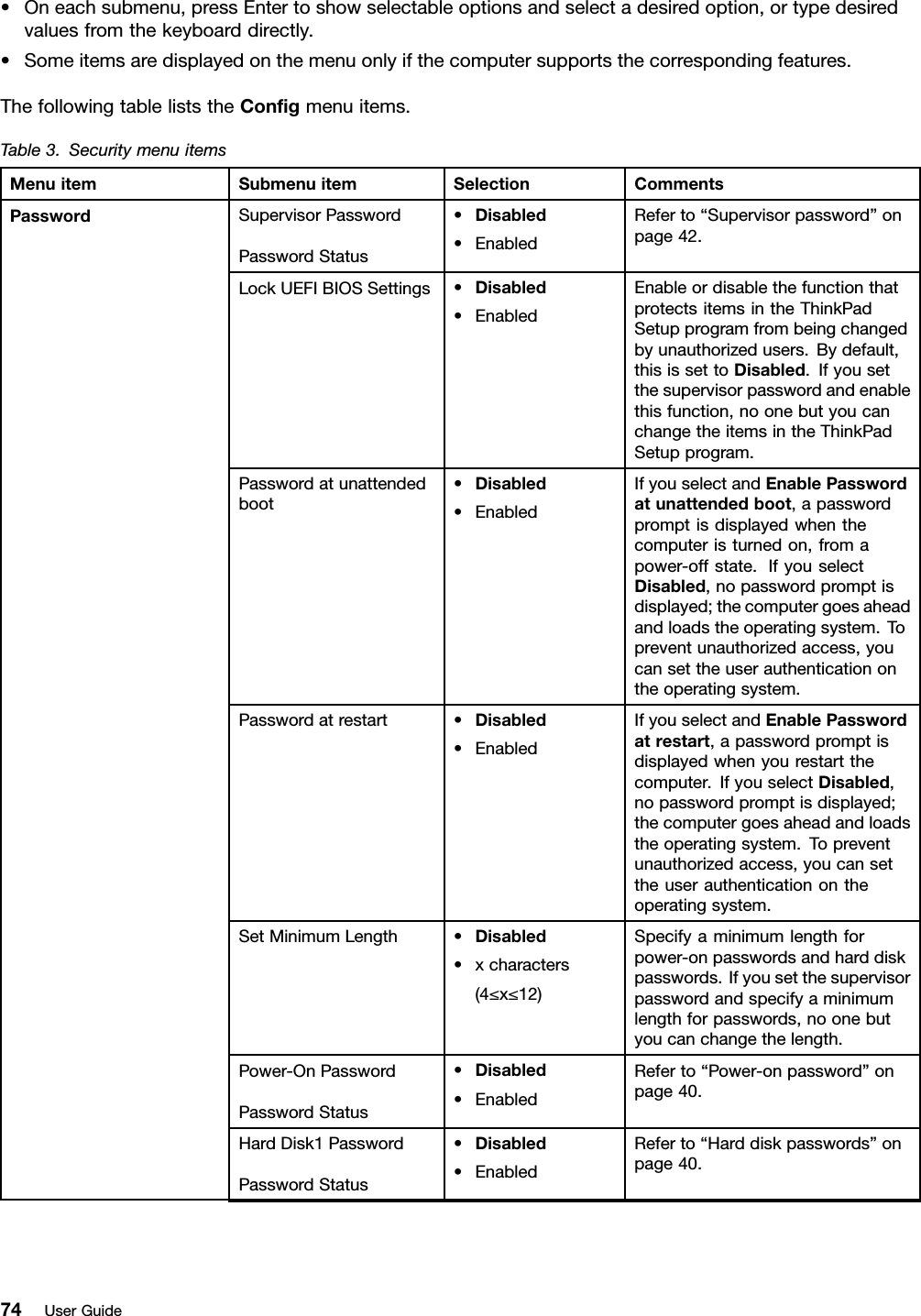 •Oneachsubmenu,pressEntertoshowselectableoptionsandselectadesiredoption,ortypedesiredvaluesfromthekeyboarddirectly.•Someitemsaredisplayedonthemenuonlyifthecomputersupportsthecorrespondingfeatures.ThefollowingtableliststheCongmenuitems.Table3.SecuritymenuitemsMenuitemSubmenuitemSelectionCommentsSupervisorPasswordPasswordStatus•Disabled•EnabledReferto“Supervisorpassword”onpage42.LockUEFIBIOSSettings•Disabled•EnabledEnableordisablethefunctionthatprotectsitemsintheThinkPadSetupprogramfrombeingchangedbyunauthorizedusers.Bydefault,thisissettoDisabled.Ifyousetthesupervisorpasswordandenablethisfunction,noonebutyoucanchangetheitemsintheThinkPadSetupprogram.Passwordatunattendedboot•Disabled•EnabledIfyouselectandEnablePasswordatunattendedboot,apasswordpromptisdisplayedwhenthecomputeristurnedon,fromapower-offstate.IfyouselectDisabled,nopasswordpromptisdisplayed;thecomputergoesaheadandloadstheoperatingsystem.Topreventunauthorizedaccess,youcansettheuserauthenticationontheoperatingsystem.Passwordatrestart•Disabled•EnabledIfyouselectandEnablePasswordatrestart,apasswordpromptisdisplayedwhenyourestartthecomputer.IfyouselectDisabled,nopasswordpromptisdisplayed;thecomputergoesaheadandloadstheoperatingsystem.Topreventunauthorizedaccess,youcansettheuserauthenticationontheoperatingsystem.SetMinimumLength•Disabled•xcharacters(4≤x≤12)Specifyaminimumlengthforpower-onpasswordsandharddiskpasswords.Ifyousetthesupervisorpasswordandspecifyaminimumlengthforpasswords,noonebutyoucanchangethelength.Power-OnPasswordPasswordStatus•Disabled•EnabledReferto“Power-onpassword”onpage40.HardDisk1PasswordPasswordStatus•Disabled•EnabledReferto“Harddiskpasswords”onpage40.Password74UserGuide