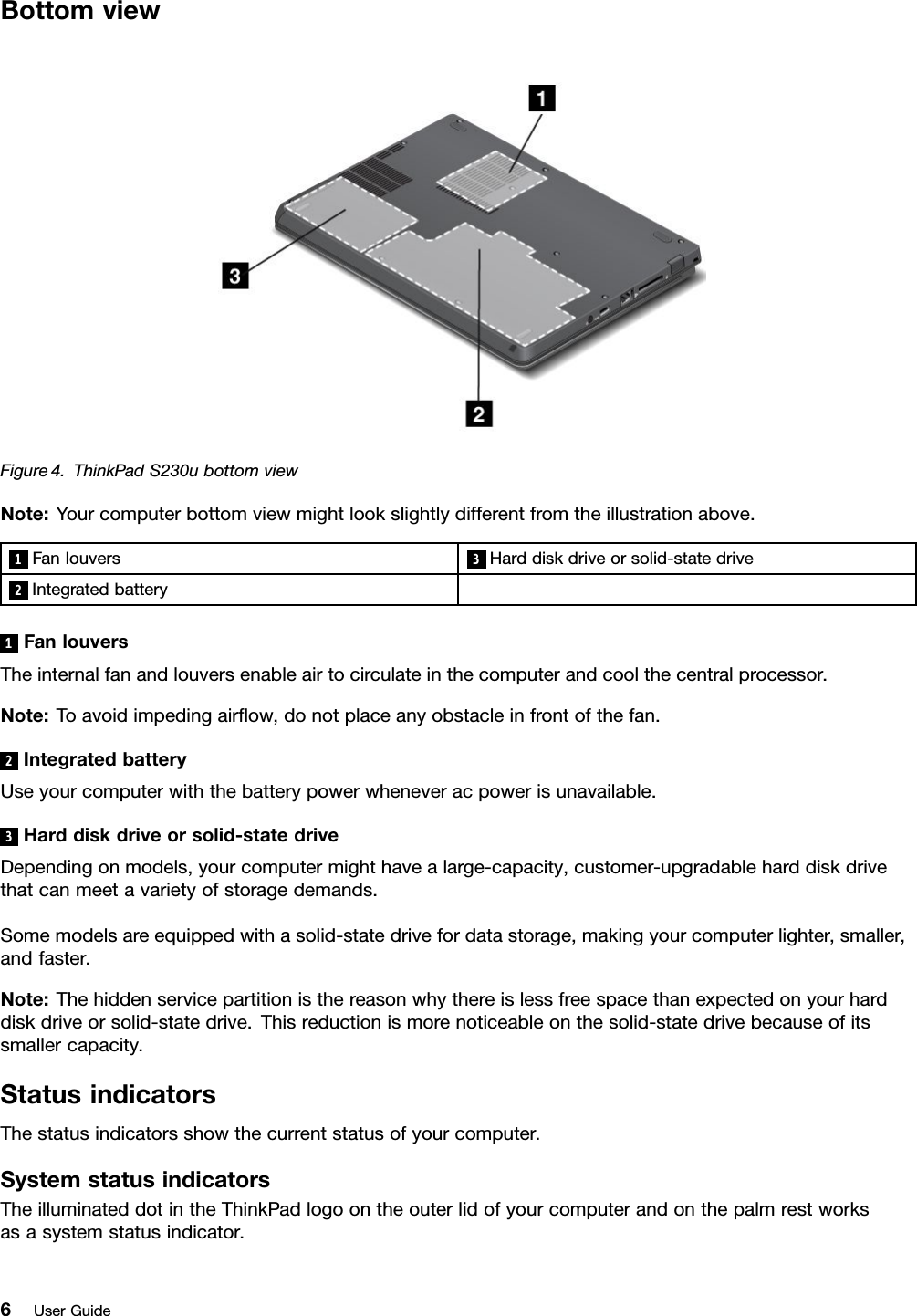 BottomviewFigure4.ThinkPadS230ubottomviewNote:Yourcomputerbottomviewmightlookslightlydifferentfromtheillustrationabove.1Fanlouvers 3Harddiskdriveorsolid-statedrive2Integratedbattery1FanlouversTheinternalfanandlouversenableairtocirculateinthecomputerandcoolthecentralprocessor.Note:Toavoidimpedingairow,donotplaceanyobstacleinfrontofthefan.2IntegratedbatteryUseyourcomputerwiththebatterypowerwheneveracpowerisunavailable.3Harddiskdriveorsolid-statedriveDependingonmodels,yourcomputermighthavealarge-capacity,customer-upgradableharddiskdrivethatcanmeetavarietyofstoragedemands.Somemodelsareequippedwithasolid-statedrivefordatastorage,makingyourcomputerlighter,smaller,andfaster.Note:Thehiddenservicepartitionisthereasonwhythereislessfreespacethanexpectedonyourharddiskdriveorsolid-statedrive.Thisreductionismorenoticeableonthesolid-statedrivebecauseofitssmallercapacity.StatusindicatorsThestatusindicatorsshowthecurrentstatusofyourcomputer.SystemstatusindicatorsTheilluminateddotintheThinkPadlogoontheouterlidofyourcomputerandonthepalmrestworksasasystemstatusindicator.6UserGuide