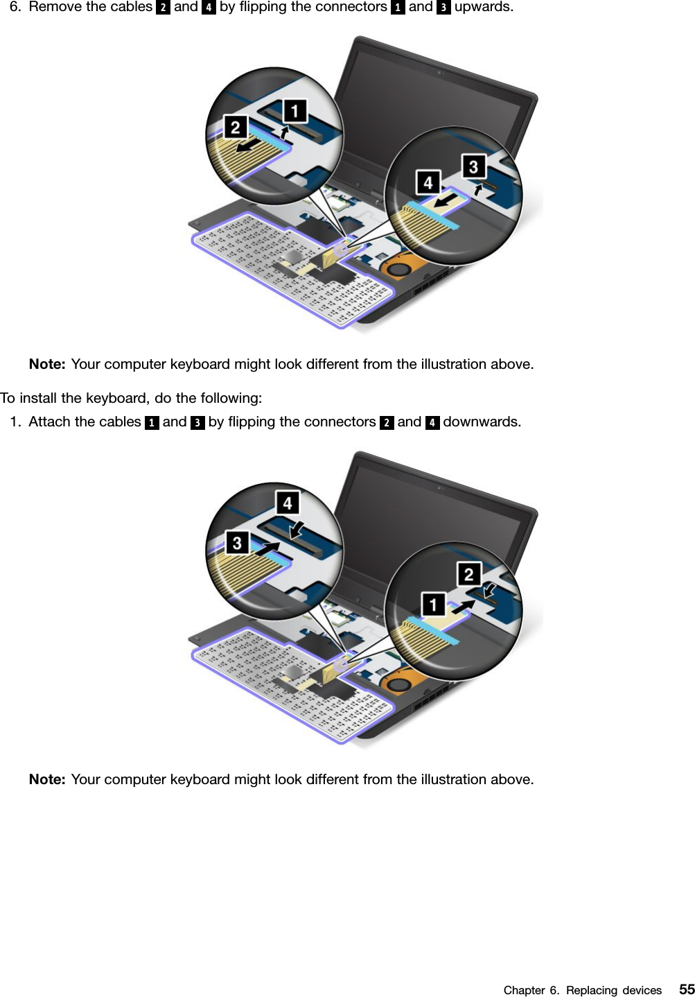 6.Removethecables2and4byippingtheconnectors1and3upwards.Note:Yourcomputerkeyboardmightlookdifferentfromtheillustrationabove.Toinstallthekeyboard,dothefollowing:1.Attachthecables1and3byippingtheconnectors2and4downwards.Note:Yourcomputerkeyboardmightlookdifferentfromtheillustrationabove.Chapter6.Replacingdevices55