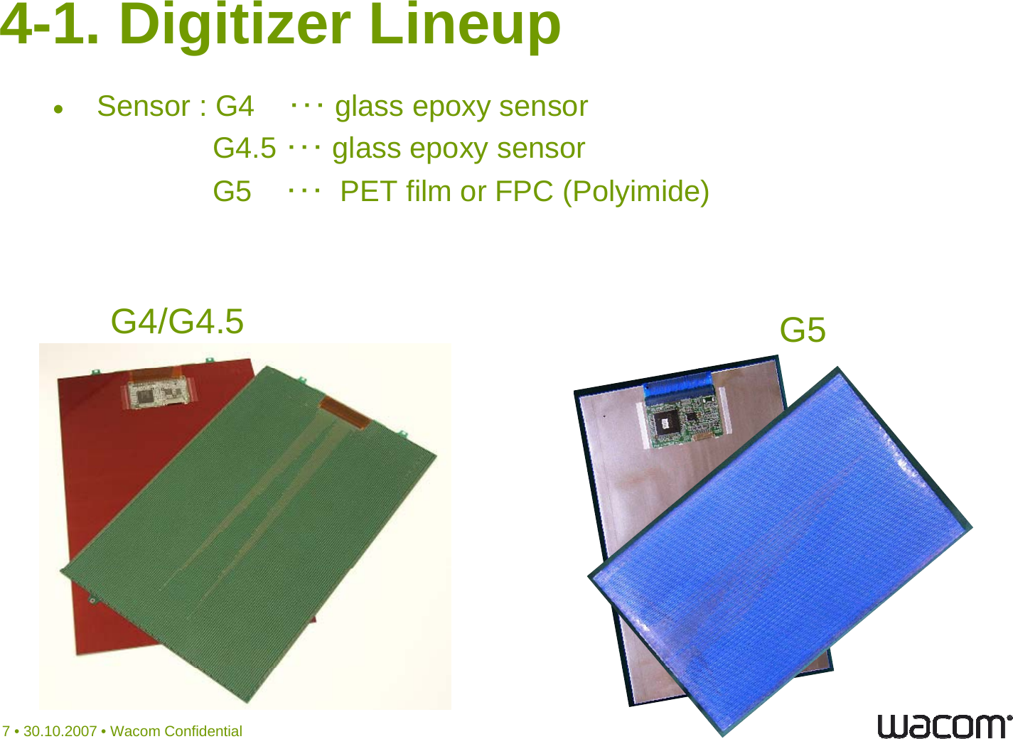 4-1. Digitizer LineupSensor : G4    ･･･ glass epoxy sensorG4.5 ･･･ glass epoxy sensor G5    ･･･ PET film or FPC (Polyimide)G4/G4.5 G57 • 30.10.2007 • Wacom Confidential