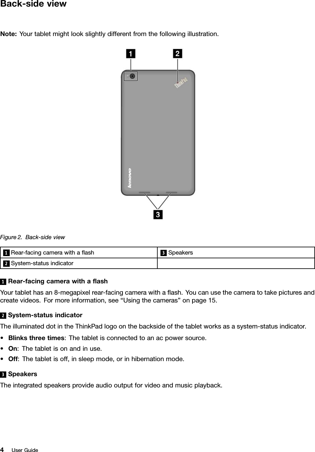 Back-sideviewNote:Yourtabletmightlookslightlydifferentfromthefollowingillustration.Figure2.Back-sideview1Rear-facingcamerawithaﬂash3Speakers2System-statusindicator1Rear-facingcamerawithaﬂashYourtablethasan8-megapixelrear-facingcamerawithaﬂash.Youcanusethecameratotakepicturesandcreatevideos.Formoreinformation,see“Usingthecameras”onpage15.2System-statusindicatorTheilluminateddotintheThinkPadlogoonthebacksideofthetabletworksasasystem-statusindicator.•Blinksthreetimes:Thetabletisconnectedtoanacpowersource.•On:Thetabletisonandinuse.•Off:Thetabletisoff,insleepmode,orinhibernationmode.3SpeakersTheintegratedspeakersprovideaudiooutputforvideoandmusicplayback.4UserGuide