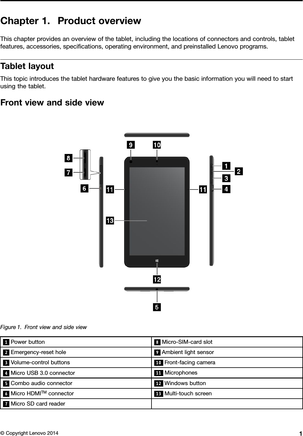 Chapter1.ProductoverviewThischapterprovidesanoverviewofthetablet,includingthelocationsofconnectorsandcontrols,tabletfeatures,accessories,speciﬁcations,operatingenvironment,andpreinstalledLenovoprograms.TabletlayoutThistopicintroducesthetablethardwarefeaturestogiveyouthebasicinformationyouwillneedtostartusingthetablet.FrontviewandsideviewFigure1.Frontviewandsideview1Powerbutton8Micro-SIM-cardslot2Emergency-resethole9Ambientlightsensor3Volume-controlbuttons10Front-facingcamera4MicroUSB3.0connector11Microphones5Comboaudioconnector12Windowsbutton6MicroHDMITMconnector13Multi-touchscreen7MicroSDcardreader©CopyrightLenovo20141