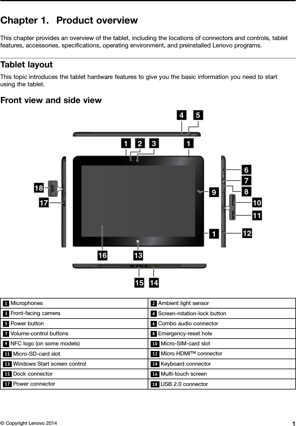 Chapter1.ProductoverviewThischapterprovidesanoverviewofthetablet,includingthelocationsofconnectorsandcontrols,tabletfeatures,accessories,speciﬁcations,operatingenvironment,andpreinstalledLenovoprograms.TabletlayoutThistopicintroducesthetablethardwarefeaturestogiveyouthebasicinformationyouneedtostartusingthetablet.Frontviewandsideview1Microphones2Ambientlightsensor3Front-facingcamera4Screen-rotation-lockbutton5Powerbutton6Comboaudioconnector7Volume-controlbuttons8Emergency-resethole9NFClogo(onsomemodels)10Micro-SIM-cardslot11Micro-SD-cardslot12MicroHDMITMconnector13WindowsStartscreencontrol14Keyboardconnector15Dockconnector16Multi-touchscreen17Powerconnector18USB2.0connector©CopyrightLenovo20141