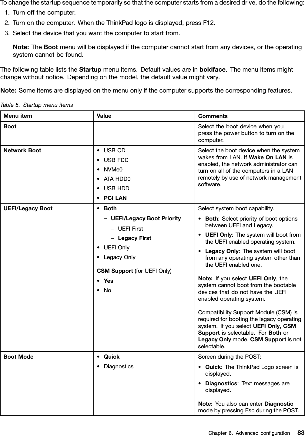 Tochangethestartupsequencetemporarilysothatthecomputerstartsfromadesireddrive,dothefollowing:1.Turnoffthecomputer.2.Turnonthecomputer.WhentheThinkPadlogoisdisplayed,pressF12.3.Selectthedevicethatyouwantthecomputertostartfrom.Note:TheBootmenuwillbedisplayedifthecomputercannotstartfromanydevices,ortheoperatingsystemcannotbefound.ThefollowingtableliststheStartupmenuitems.Defaultvaluesareinboldface.Themenuitemsmightchangewithoutnotice.Dependingonthemodel,thedefaultvaluemightvary.Note:Someitemsaredisplayedonthemenuonlyifthecomputersupportsthecorrespondingfeatures.Table5.StartupmenuitemsMenuitemValueCommentsBootSelectthebootdevicewhenyoupressthepowerbuttontoturnonthecomputer.NetworkBoot•USBCD•USBFDD•NVMe0•ATAHDD0•USBHDD•PCILANSelectthebootdevicewhenthesystemwakesfromLAN.IfWakeOnLANisenabled,thenetworkadministratorcanturnonallofthecomputersinaLANremotelybyuseofnetworkmanagementsoftware.UEFI/LegacyBoot•Both–UEFI/LegacyBootPriority–UEFIFirst–LegacyFirst•UEFIOnly•LegacyOnlyCSMSupport(forUEFIOnly)•Yes•NoSelectsystembootcapability.•Both:SelectpriorityofbootoptionsbetweenUEFIandLegacy.•UEFIOnly:ThesystemwillbootfromtheUEFIenabledoperatingsystem.•LegacyOnly:ThesystemwillbootfromanyoperatingsystemotherthantheUEFIenabledone.Note:IfyouselectUEFIOnly,thesystemcannotbootfromthebootabledevicesthatdonothavetheUEFIenabledoperatingsystem.CompatibilitySupportModule(CSM)isrequiredforbootingthelegacyoperatingsystem.IfyouselectUEFIOnly,CSMSupportisselectable.ForBothorLegacyOnlymode,CSMSupportisnotselectable.BootMode•Quick•DiagnosticsScreenduringthePOST:•Quick:TheThinkPadLogoscreenisdisplayed.•Diagnostics:Textmessagesaredisplayed.Note:YoualsocanenterDiagnosticmodebypressingEscduringthePOST.Chapter6.Advancedconﬁguration83