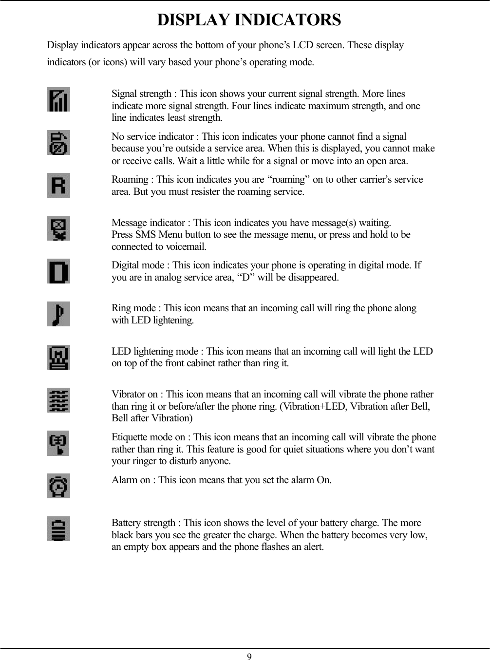    9DISPLAY INDICATORS Display indicators appear across the bottom of your phone’s LCD screen. These display indicators (or icons) will vary based your phone’s operating mode.   Signal strength : This icon shows your current signal strength. More lines indicate more signal strength. Four lines indicate maximum strength, and one line indicates least strength.  No service indicator : This icon indicates your phone cannot find a signal because you’re outside a service area. When this is displayed, you cannot make or receive calls. Wait a little while for a signal or move into an open area.  Roaming : This icon indicates you are “roaming” on to other carrier’s service area. But you must resister the roaming service.  Message indicator : This icon indicates you have message(s) waiting. Press SMS Menu button to see the message menu, or press and hold to be connected to voicemail.  Digital mode : This icon indicates your phone is operating in digital mode. If you are in analog service area, “D” will be disappeared.  Ring mode : This icon means that an incoming call will ring the phone along with LED lightening.  LED lightening mode : This icon means that an incoming call will light the LED on top of the front cabinet rather than ring it.  Vibrator on : This icon means that an incoming call will vibrate the phone rather than ring it or before/after the phone ring. (Vibration+LED, Vibration after Bell, Bell after Vibration)  Etiquette mode on : This icon means that an incoming call will vibrate the phone rather than ring it. This feature is good for quiet situations where you don’t want your ringer to disturb anyone.  Alarm on : This icon means that you set the alarm On.  Battery strength : This icon shows the level of your battery charge. The more black bars you see the greater the charge. When the battery becomes very low, an empty box appears and the phone flashes an alert.  