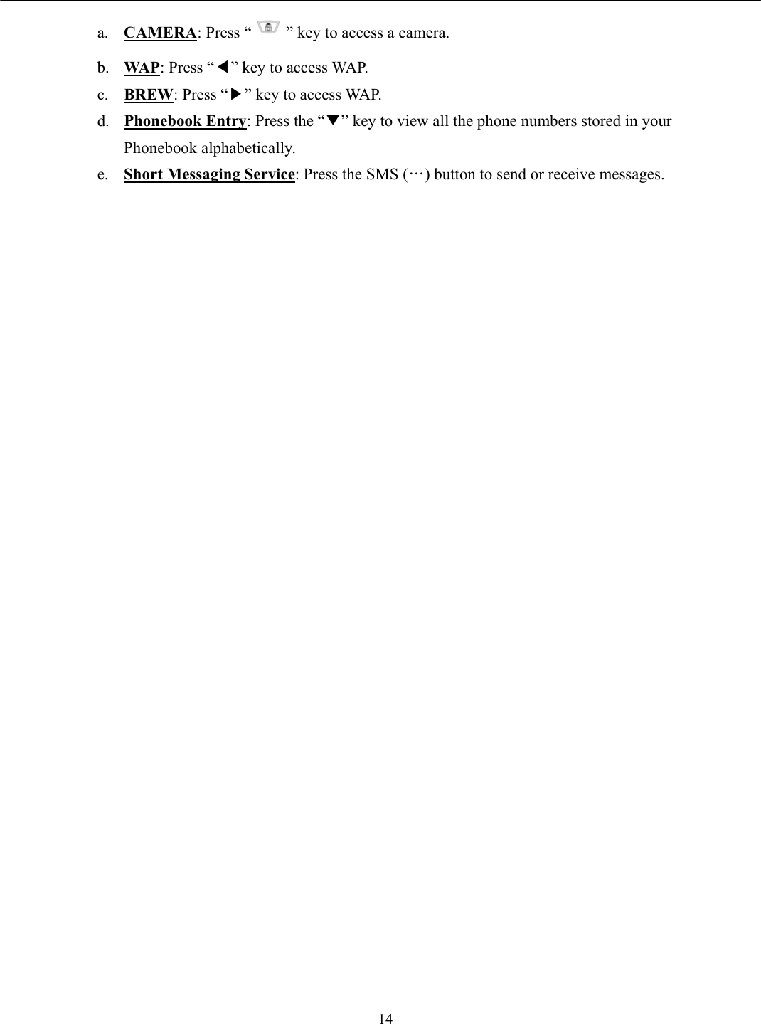   14a.  CAMERA: Press “ ” key to access a camera. b.  WAP: Press “◀” key to access WAP.   c.  BREW: Press “▶” key to access WAP. d.  Phonebook Entry: Press the “▼” key to view all the phone numbers stored in your Phonebook alphabetically.   e.  Short Messaging Service: Press the SMS (…) button to send or receive messages.   