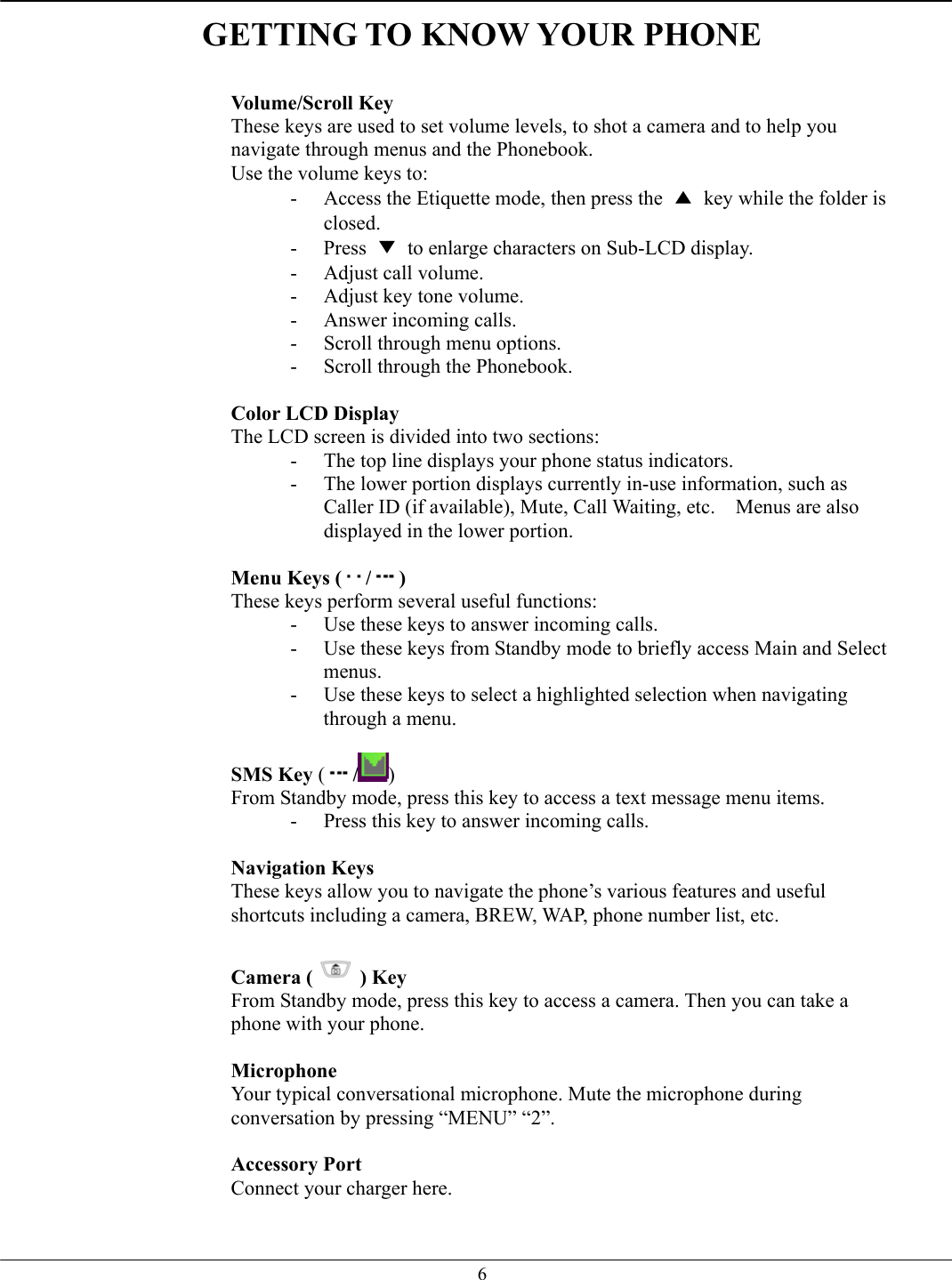   6GETTING TO KNOW YOUR PHONE   Volume/Scroll Key These keys are used to set volume levels, to shot a camera and to help you navigate through menus and the Phonebook. Use the volume keys to: -  Access the Etiquette mode, then press the  ▲  key while the folder is closed. - Press ▼  to enlarge characters on Sub-LCD display. -  Adjust call volume. -  Adjust key tone volume. -  Answer incoming calls. -  Scroll through menu options. -  Scroll through the Phonebook.  Color LCD Display The LCD screen is divided into two sections: -  The top line displays your phone status indicators. -  The lower portion displays currently in-use information, such as Caller ID (if available), Mute, Call Waiting, etc.    Menus are also displayed in the lower portion.  Menu Keys ( / ) These keys perform several useful functions: -  Use these keys to answer incoming calls. -  Use these keys from Standby mode to briefly access Main and Select menus. -  Use these keys to select a highlighted selection when navigating through a menu.  SMS Key ( /) From Standby mode, press this key to access a text message menu items. -  Press this key to answer incoming calls.  Navigation Keys  These keys allow you to navigate the phone’s various features and useful shortcuts including a camera, BREW, WAP, phone number list, etc.  Camera ( ) Key From Standby mode, press this key to access a camera. Then you can take a phone with your phone.  Microphone Your typical conversational microphone. Mute the microphone during conversation by pressing “MENU” “2”.  Accessory Port  Connect your charger here.    