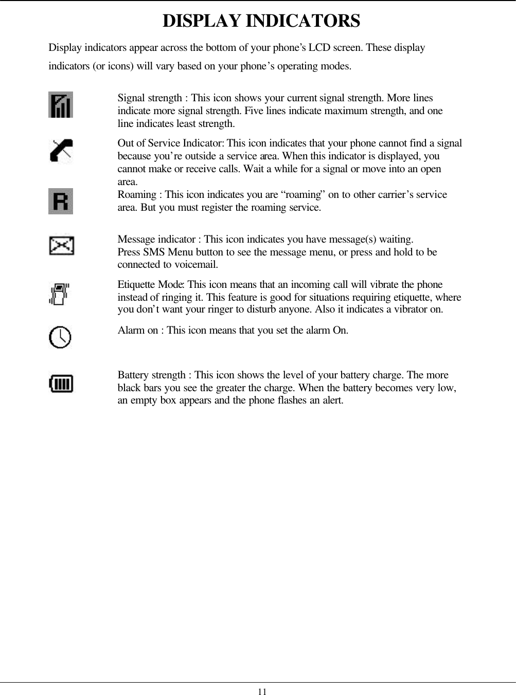    11 DISPLAY INDICATORS Display indicators appear across the bottom of your phone’s LCD screen. These display indicators (or icons) will vary based on your phone’s operating modes.   Signal strength : This icon shows your current signal strength. More lines indicate more signal strength. Five lines indicate maximum strength, and one line indicates least strength.  Out of Service Indicator: This icon indicates that your phone cannot find a signal because you’re outside a service area. When this indicator is displayed, you cannot make or receive calls. Wait a while for a signal or move into an open area.  Roaming : This icon indicates you are “roaming” on to other carrier’s service area. But you must register the roaming service.  Message indicator : This icon indicates you have message(s) waiting. Press SMS Menu button to see the message menu, or press and hold to be connected to voicemail.  Etiquette Mode: This icon means that an incoming call will vibrate the phone instead of ringing it. This feature is good for situations requiring etiquette, where you don’t want your ringer to disturb anyone. Also it indicates a vibrator on.  Alarm on : This icon means that you set the alarm On.  Battery strength : This icon shows the level of your battery charge. The more black bars you see the greater the charge. When the battery becomes very low, an empty box appears and the phone flashes an alert.  