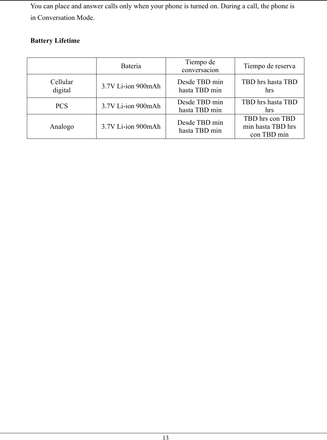  13You can place and answer calls only when your phone is turned on. During a call, the phone is in Conversation Mode.  Battery Lifetime   Bateria Tiempo de conversacion  Tiempo de reserva Cellular digital  3.7V Li-ion 900mAh  Desde TBD min hasta TBD min TBD hrs hasta TBD hrs PCS  3.7V Li-ion 900mAh  Desde TBD min hasta TBD min TBD hrs hasta TBD hrs Analogo  3.7V Li-ion 900mAh  Desde TBD min hasta TBD min TBD hrs con TBD min hasta TBD hrs con TBD min  