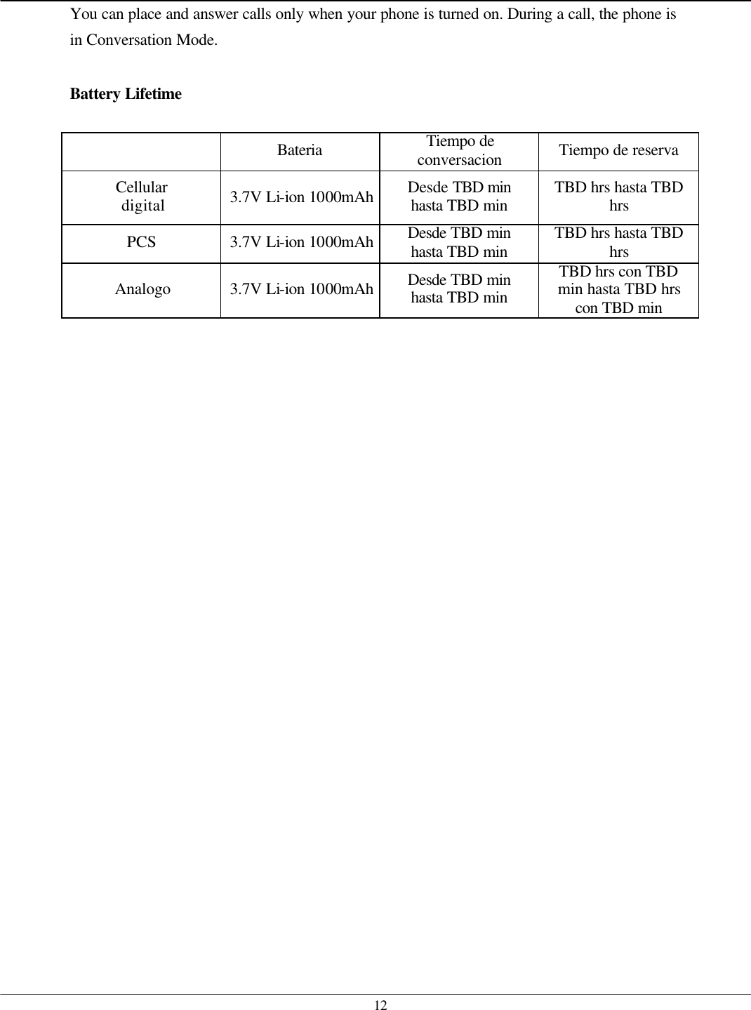   12 You can place and answer calls only when your phone is turned on. During a call, the phone is in Conversation Mode.  Battery Lifetime    Bateria Tiempo de conversacion Tiempo de reserva Cellular digital 3.7V Li-ion 1000mAh Desde TBD min hasta TBD min TBD hrs hasta TBD hrs PCS 3.7V Li-ion 1000mAh Desde TBD min hasta TBD min TBD hrs hasta TBD hrs Analogo 3.7V Li-ion 1000mAh Desde TBD min hasta TBD min TBD hrs con TBD min hasta TBD hrs con TBD min  