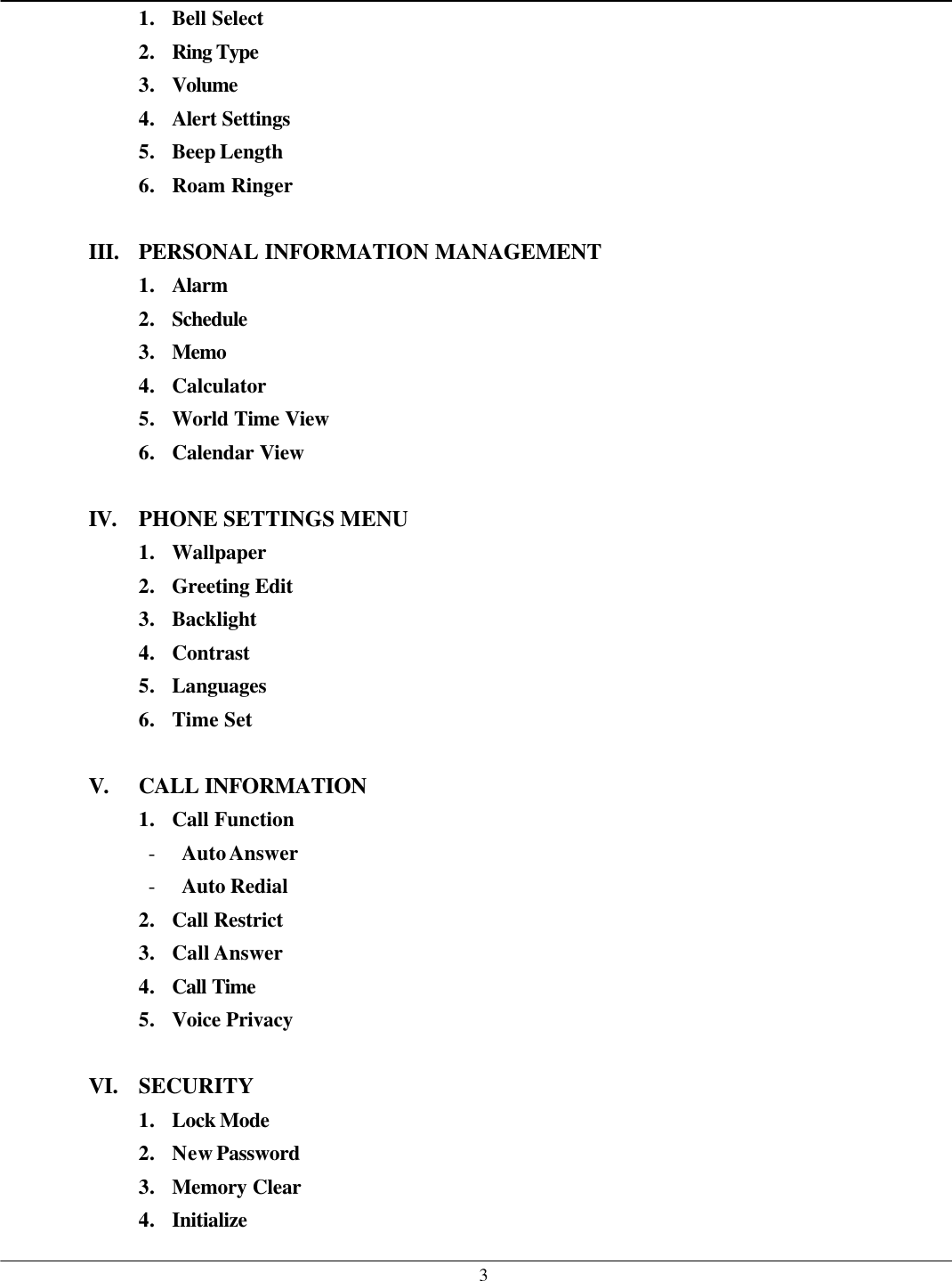   31. Bell Select 2. Ring Type  3. Volume 4. Alert Settings 5. Beep Length 6. Roam Ringer  III. PERSONAL INFORMATION MANAGEMENT 1. Alarm 2. Schedule  3. Memo 4. Calculator 5. World Time View 6. Calendar View  IV. PHONE SETTINGS MENU 1. Wallpaper 2. Greeting Edit 3. Backlight 4. Contrast 5. Languages 6. Time Set  V. CALL INFORMATION 1. Call Function - Auto Answer - Auto Redial   2. Call Restrict 3. Call Answer 4. Call Time  5. Voice Privacy  VI. SECURITY 1. Lock Mode 2. New Password 3. Memory Clear 4. Initialize 