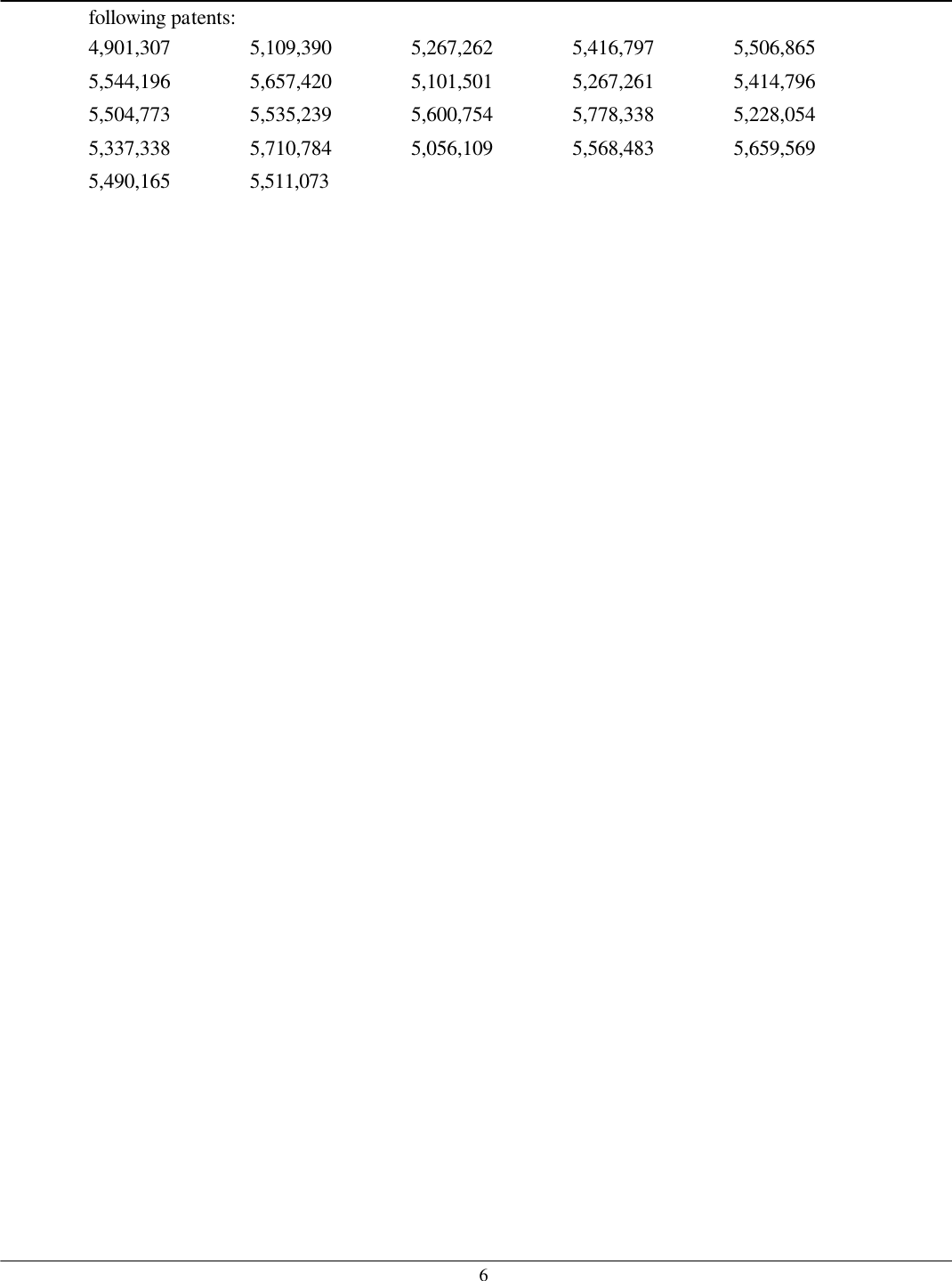   6following patents: 4,901,307 5,109,390 5,267,262 5,416,797 5,506,865 5,544,196 5,657,420 5,101,501 5,267,261 5,414,796 5,504,773 5,535,239 5,600,754 5,778,338 5,228,054 5,337,338 5,710,784 5,056,109 5,568,483 5,659,569 5,490,165 5,511,073         