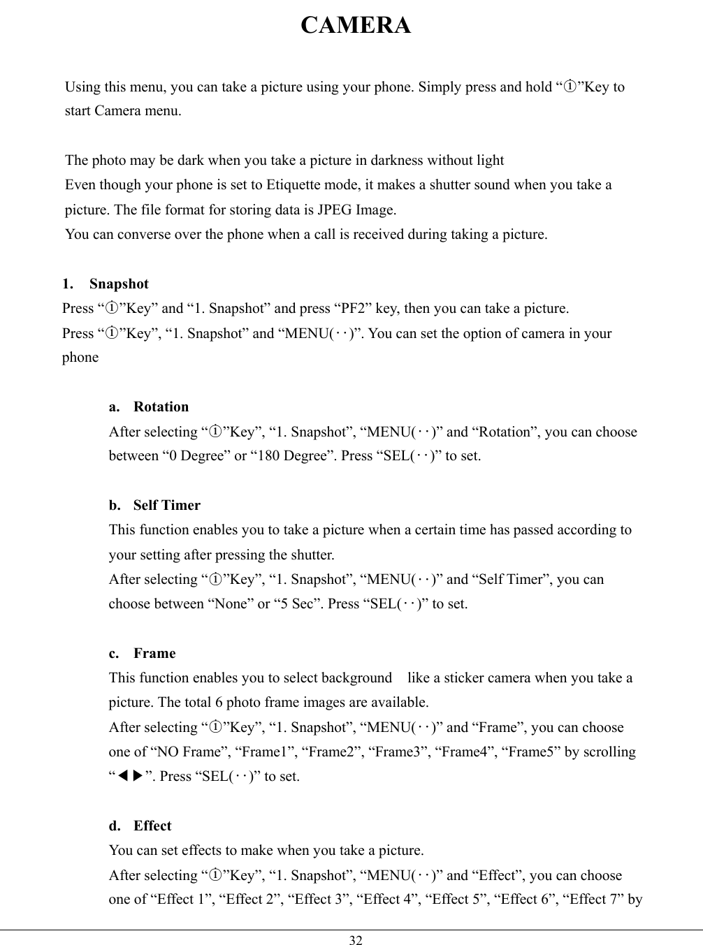   32CAMERA  Using this menu, you can take a picture using your phone. Simply press and hold “○i”Key to start Camera menu.  The photo may be dark when you take a picture in darkness without light Even though your phone is set to Etiquette mode, it makes a shutter sound when you take a picture. The file format for storing data is JPEG Image. You can converse over the phone when a call is received during taking a picture.  1. Snapshot Press “○i”Key” and “1. Snapshot” and press “PF2” key, then you can take a picture. Press “○i”Key”, “1. Snapshot” and “MENU(‥)”. You can set the option of camera in your phone  a. Rotation After selecting “○i”Key”, “1. Snapshot”, “MENU(‥)” and “Rotation”, you can choose between “0 Degree” or “180 Degree”. Press “SEL(‥)” to set.   b. Self Timer This function enables you to take a picture when a certain time has passed according to your setting after pressing the shutter. After selecting “○i”Key”, “1. Snapshot”, “MENU(‥)” and “Self Timer”, you can choose between “None” or “5 Sec”. Press “SEL(‥)” to set.  c. Frame This function enables you to select background    like a sticker camera when you take a picture. The total 6 photo frame images are available. After selecting “○i”Key”, “1. Snapshot”, “MENU(‥)” and “Frame”, you can choose one of “NO Frame”, “Frame1”, “Frame2”, “Frame3”, “Frame4”, “Frame5” by scrolling “◀▶”. Press “SEL(‥)” to set.  d. Effect You can set effects to make when you take a picture. After selecting “○i”Key”, “1. Snapshot”, “MENU(‥)” and “Effect”, you can choose one of “Effect 1”, “Effect 2”, “Effect 3”, “Effect 4”, “Effect 5”, “Effect 6”, “Effect 7” by 
