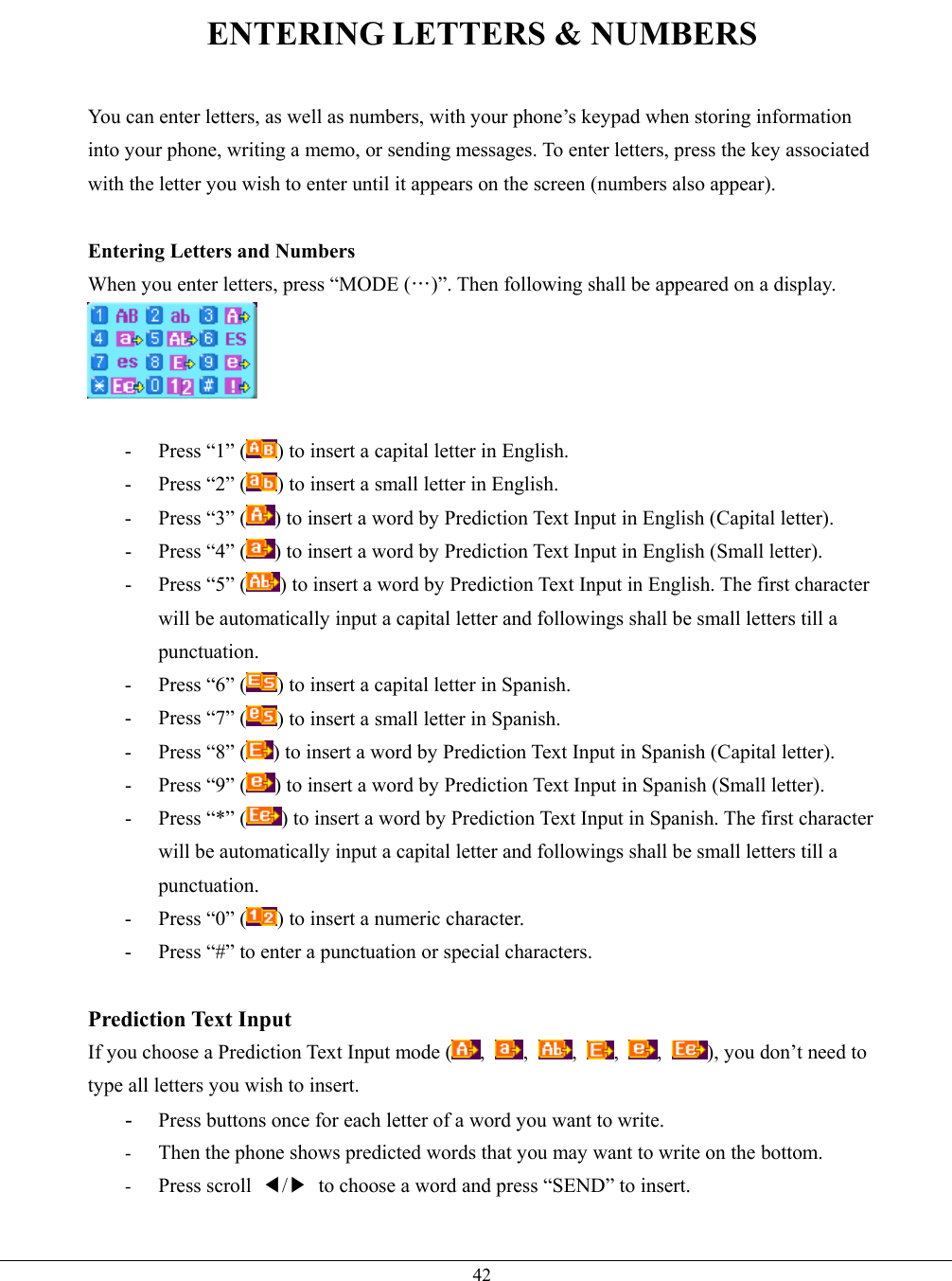   42ENTERING LETTERS &amp; NUMBERS  You can enter letters, as well as numbers, with your phone’s keypad when storing information into your phone, writing a memo, or sending messages. To enter letters, press the key associated with the letter you wish to enter until it appears on the screen (numbers also appear).  Entering Letters and Numbers When you enter letters, press “MODE (…)”. Then following shall be appeared on a display.   -  Press “1” ( ) to insert a capital letter in English. -  Press “2” ( ) to insert a small letter in English. -  Press “3” ( ) to insert a word by Prediction Text Input in English (Capital letter). -  Press “4” ( ) to insert a word by Prediction Text Input in English (Small letter). -  Press “5” ( ) to insert a word by Prediction Text Input in English. The first character will be automatically input a capital letter and followings shall be small letters till a punctuation.  -  Press “6” ( ) to insert a capital letter in Spanish. -  Press “7” ( ) to insert a small letter in Spanish. -  Press “8” ( ) to insert a word by Prediction Text Input in Spanish (Capital letter). -  Press “9” ( ) to insert a word by Prediction Text Input in Spanish (Small letter). -  Press “*” ( ) to insert a word by Prediction Text Input in Spanish. The first character will be automatically input a capital letter and followings shall be small letters till a punctuation.  -  Press “0” ( ) to insert a numeric character. -  Press “#” to enter a punctuation or special characters.  Prediction Text Input If you choose a Prediction Text Input mode ( ,  ,  ,  ,  ,  ), you don’t need to type all letters you wish to insert. -  Press buttons once for each letter of a word you want to write. -  Then the phone shows predicted words that you may want to write on the bottom. -  Press scroll  ◀/▶  to choose a word and press “SEND” to insert.   