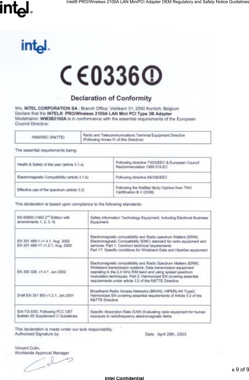 Intel® PRO/Wireless 2100A LAN MiniPCI Adapter OEM Regulatory and Safety Notice Guidelines  Page 9 of 9 Intel Confidential   