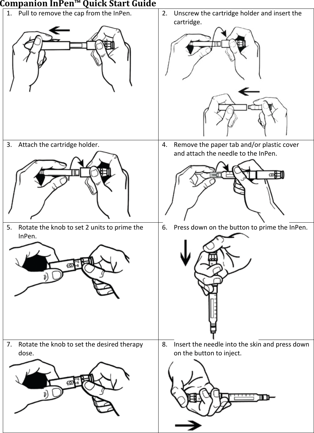 Companion InPen™ Quick Start Guide 1. Pull to remove the cap from the InPen.  2. Unscrew the cartridge holder and insert the cartridge.  3. Attach the cartridge holder.  4. Remove the paper tab and/or plastic cover and attach the needle to the InPen.  5. Rotate the knob to set 2 units to prime the InPen.  6. Press down on the button to prime the InPen.  7. Rotate the knob to set the desired therapy dose.  8. Insert the needle into the skin and press down on the button to inject.   