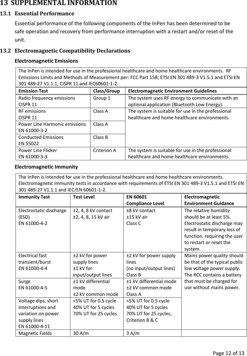      Page 12 of 13 13 SUPPLEMENTAL INFORMATION 13.1 Essential Performance Essential performance of the following components of the InPen has been determined to be safe operation and recovery from performance interruption with a restart and/or reset of the unit. 13.2 Electromagnetic Compatibility Declarations Electromagnetic Emissions The InPen is intended for use in the professional healthcare and home healthcare environments.  RF Emissions Limits and Methods of Measurement per: FCC Part 15B; ETSI EN 301 489-3 V1.5.1 and ETSI EN 301 489-27 V1.1.1, CISPR 11 and IEC60601-1-2. Emission Test Class/Group Electromagnetic Environment Guidelines Radio frequency emissions CISPR 11 Group 1 The system uses RF energy to communicate with an optional application (Bluetooth Low Energy). RF emissions CISPR 11 Class A The system is suitable for use in the professional healthcare and home healthcare environments. Power Line Harmonic emissions EN 61000-3-2 Class A Conducted Emissions EN 55022 Class B Power Line Flicker EN 61000-3-3 Criterion A The system is suitable for use in the professional healthcare and home healthcare environments. Electromagnetic Immunity The InPen is intended for use in the professional healthcare and home healthcare environments.  Electromagnetic Immunity tests in accordance with requirements of ETSI EN 301 489-3 V1.5.1 and ETSI EN 301 489-27 V1.1.1 and IEC/EN 60601-1-2. Immunity Test Test Level EN 60601 Compliance Level Electromagnetic Environment Guidance Electrostatic discharge (ESD) EN 61000-4-2 ±2, 4, 8 kV contact ±2, 4, 8, 15 kV air ±8 kV contact ±15 kV air Class C The relative humidity should be at least 5%.  Electrostatic discharge may result in temporary loss of function, requiring the user to restart or reset the system. Electrical fast transient/burst EN 61000-4-4 ±2 kV for power supply lines ±1 kV for input/output lines ±2 kV for power supply lines (no input/output lines) Class B Mains power quality should be that of the typical public low voltage power supply. The RCC contains a battery that must be charged for use without mains power. Surge EN 61000-4-5 ±1 kV differential mode ±2 kV common mode ±1 kV differential mode ±2 kV common mode Class A Voltage dips, short interruptions and variation on power supply lines EN 61000-4-11 &lt;5% UT for 0.5 cycle 40% UT for 5 cycles 70% UT for 25 cycles &lt;5% UT for 0.5 cycle 40% UT for 5 cycles 70% UT for 25 cycles, Criterion B &amp; C Magnetic Fields 30 A/m 3 A/m  