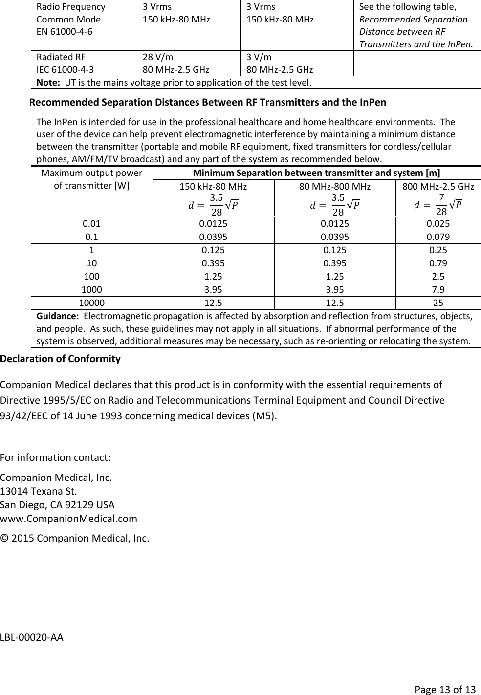      Page 13 of 13 Radio Frequency Common Mode  EN 61000-4-6 3 Vrms 150 kHz-80 MHz 3 Vrms 150 kHz-80 MHz See the following table, Recommended Separation Distance between RF Transmitters and the InPen. Radiated RF IEC 61000-4-3 28 V/m 80 MHz-2.5 GHz 3 V/m 80 MHz-2.5 GHz  Note:  UT is the mains voltage prior to application of the test level. Recommended Separation Distances Between RF Transmitters and the InPen The InPen is intended for use in the professional healthcare and home healthcare environments.  The user of the device can help prevent electromagnetic interference by maintaining a minimum distance between the transmitter (portable and mobile RF equipment, fixed transmitters for cordless/cellular phones, AM/FM/TV broadcast) and any part of the system as recommended below. Maximum output power of transmitter [W] Minimum Separation between transmitter and system [m] 150 kHz-80 MHz 𝑑=  3.528 √𝑃 80 MHz-800 MHz 𝑑=  3.528 √𝑃 800 MHz-2.5 GHz 𝑑=  728 √𝑃 0.01 0.0125 0.0125 0.025 0.1 0.0395 0.0395 0.079 1  0.125 0.125 0.25 10 0.395 0.395 0.79 100 1.25 1.25 2.5 1000 3.95 3.95 7.9 10000 12.5 12.5 25 Guidance:  Electromagnetic propagation is affected by absorption and reflection from structures, objects, and people.  As such, these guidelines may not apply in all situations.  If abnormal performance of the system is observed, additional measures may be necessary, such as re-orienting or relocating the system. Declaration of Conformity Companion Medical declares that this product is in conformity with the essential requirements of Directive 1995/5/EC on Radio and Telecommunications Terminal Equipment and Council Directive 93/42/EEC of 14 June 1993 concerning medical devices (M5).    For information contact: Companion Medical, Inc. 13014 Texana St. San Diego, CA 92129 USA www.CompanionMedical.com © 2015 Companion Medical, Inc.     LBL-00020-AA 