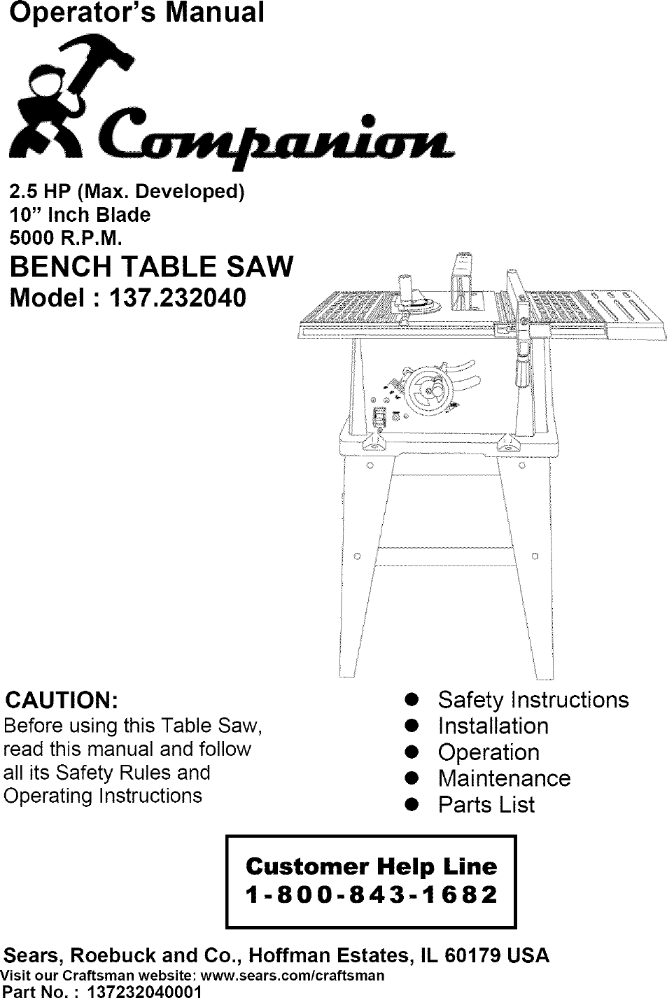 Companion 137232040 User Manual TABLE SAW Manuals And Guides L0408138