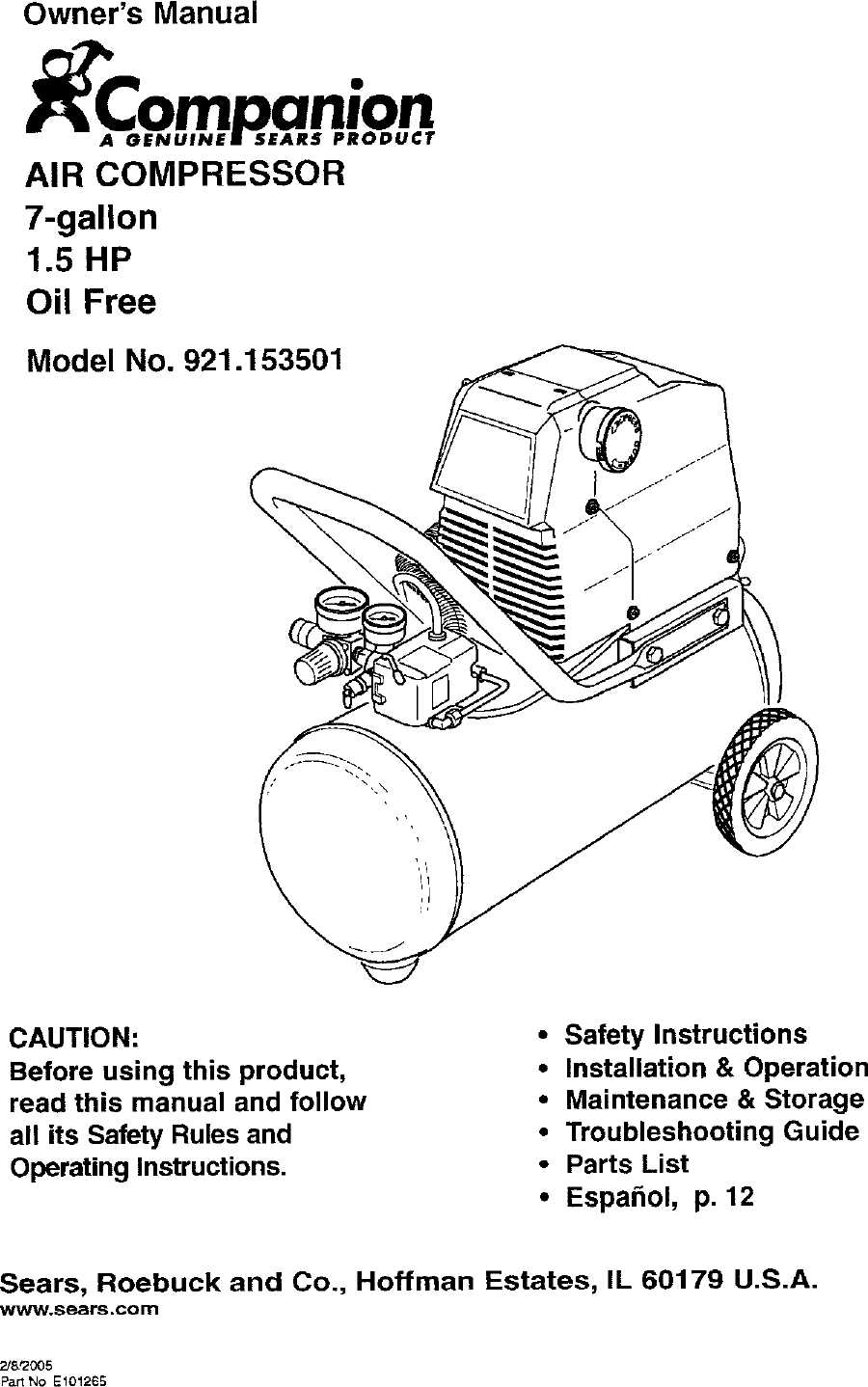 Companion 921153501 User Manual AIR COMPRESSOR Manuals And Guides L0505102