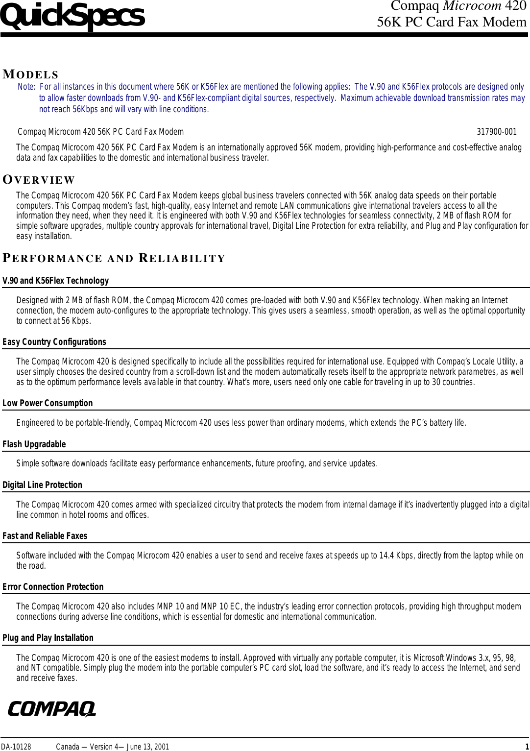 Page 1 of 2 - Compaq Compaq-Microcom-420-Users-Manual- DA-10128 - Canada  Compaq-microcom-420-users-manual