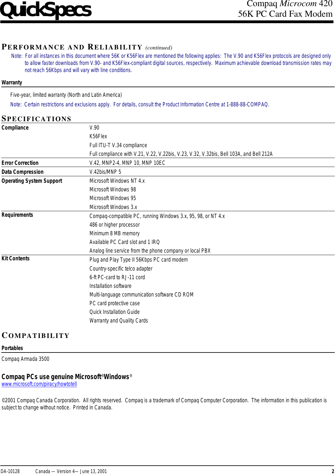 Page 2 of 2 - Compaq Compaq-Microcom-420-Users-Manual- DA-10128 - Canada  Compaq-microcom-420-users-manual