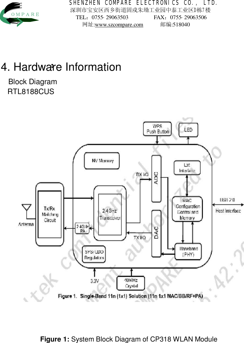 4SHENZHEN COMPARE ELECTRONICS CO., LTD. 深圳市宝安区西乡街道固戍朱坳工业园中泰工业区D栋7楼 TEL：0755-29063503           FAX：0755-29063506            网址:www.szcompare.com      邮编:518040    ＯＭＰＡＲＥ   ：                                 . Hardware Information Block Diagram RTL8188CUS Figure 1: SystemBlock Diagramof CP318WLANModule 