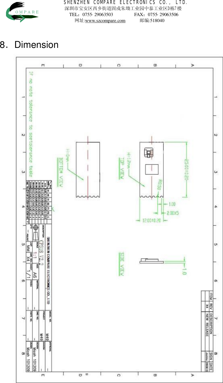 SHENZHEN COMPARE ELECTRONICS CO., LTD. 深圳市宝安区西乡街道固戍朱坳工业园中泰工业区D栋7楼 TEL：0755-29063503           FAX：0755-29063506            网址:www.szcompare.com      邮编:518040    ＯＭＰＡＲＥ                             8．Dimension 