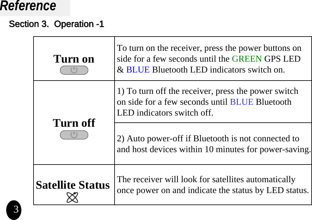 ReferenceSection 3.  Operation Section 3.  Operation --113Turn on To turn on the receiver, press the power buttons on side for a few seconds until the GREEN GPS LED&amp; BLUE Bluetooth LED indicators switch on.  1) To turn off the receiver, press the power switchon side for a few seconds until BLUE Bluetooth LED indicators switch off.Turn off2) Auto power-off if Bluetooth is not connected to and host devices within 10 minutes for power-saving.Satellite Status The receiver will look for satellites automatically once power on and indicate the status by LED status.