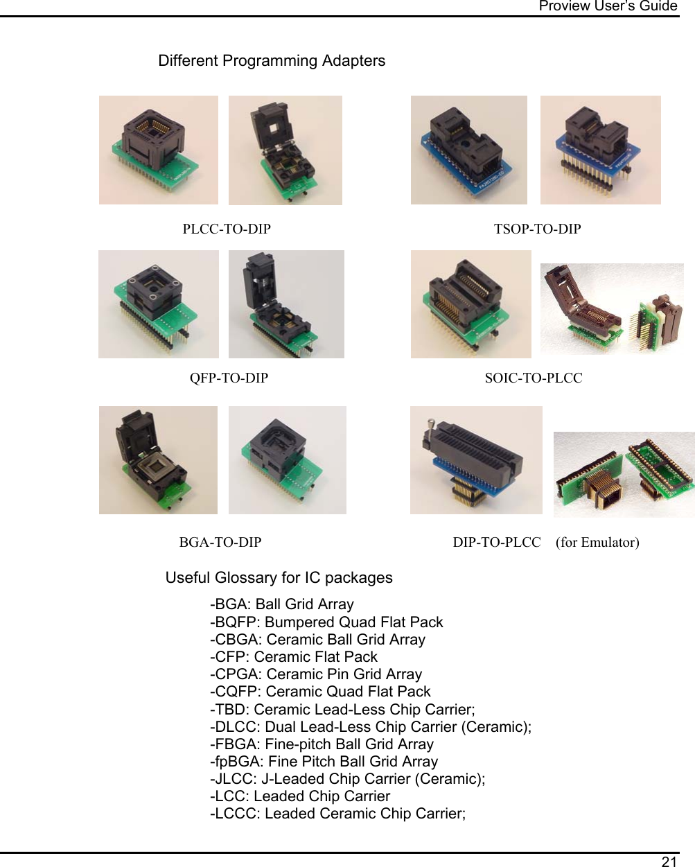 Proview User’s Guide  21  Different Programming Adapters                                                                            PLCC-TO-DIP                           TSOP-TO-DIP                                                             QFP-T                                                         QFP-TO-DIP                                                            SOIC-TO-PLCC                 BGA-TO-DIP                                                     DIP-TO-PLCC    (for Emulator)  Useful Glossary for IC packages -BGA: Ball Grid Array -BQFP: Bumpered Quad Flat Pack -CBGA: Ceramic Ball Grid Array -CFP: Ceramic Flat Pack -CPGA: Ceramic Pin Grid Array  -CQFP: Ceramic Quad Flat Pack -TBD: Ceramic Lead-Less Chip Carrier; -DLCC: Dual Lead-Less Chip Carrier (Ceramic); -FBGA: Fine-pitch Ball Grid Array -fpBGA: Fine Pitch Ball Grid Array -JLCC: J-Leaded Chip Carrier (Ceramic); -LCC: Leaded Chip Carrier -LCCC: Leaded Ceramic Chip Carrier; 