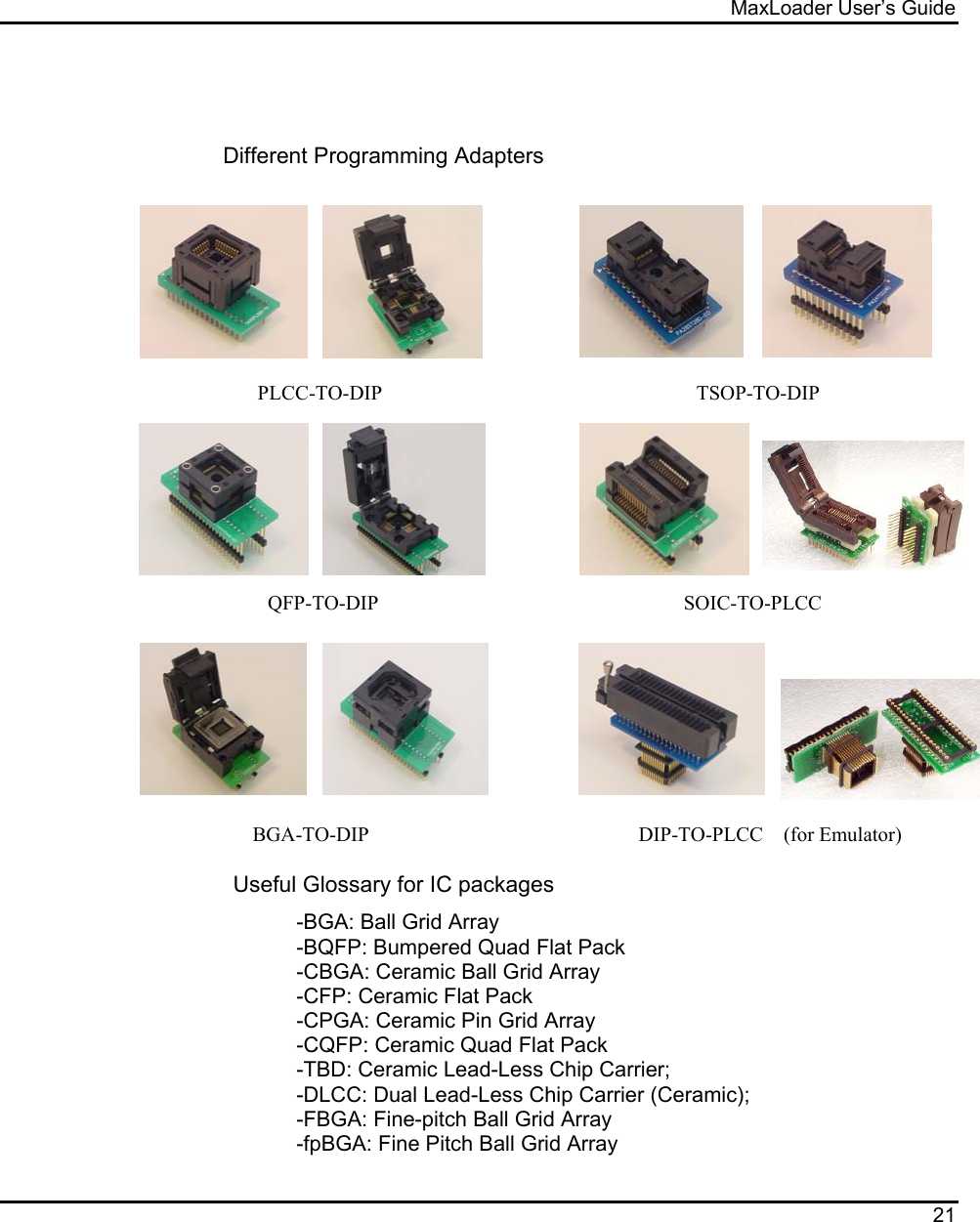 MaxLoader User’s Guide  21     Different Programming Adapters                                                                             PLCC-TO-DIP                           TSOP-TO-DIP                                                             QFP-T                                                         QFP-TO-DIP                                                            SOIC-TO-PLCC                 BGA-TO-DIP                                                     DIP-TO-PLCC    (for Emulator)  Useful Glossary for IC packages -BGA: Ball Grid Array -BQFP: Bumpered Quad Flat Pack -CBGA: Ceramic Ball Grid Array -CFP: Ceramic Flat Pack -CPGA: Ceramic Pin Grid Array  -CQFP: Ceramic Quad Flat Pack -TBD: Ceramic Lead-Less Chip Carrier; -DLCC: Dual Lead-Less Chip Carrier (Ceramic); -FBGA: Fine-pitch Ball Grid Array -fpBGA: Fine Pitch Ball Grid Array 