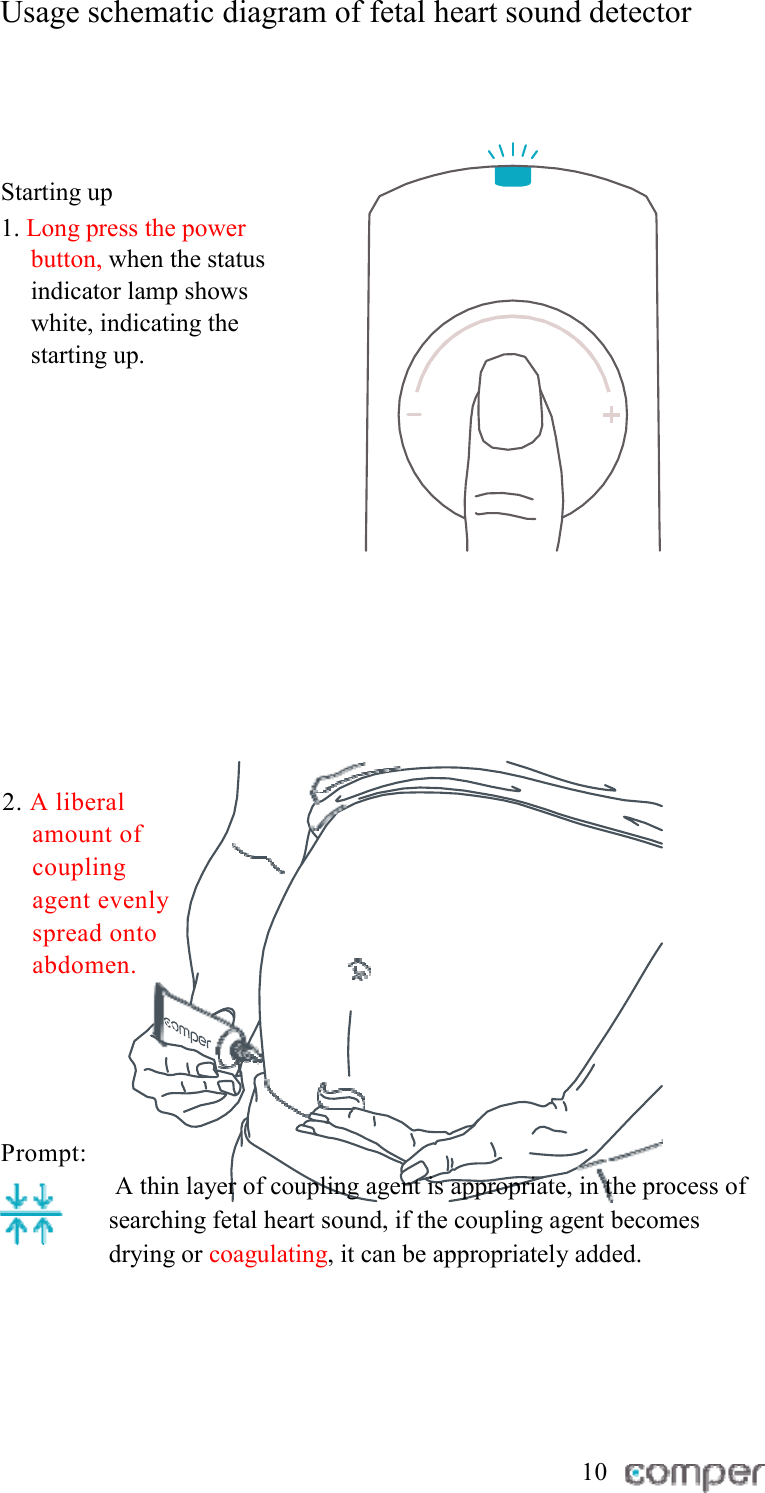Usage schematic diagram of fetal heart sound detector                 Starting up 1. Long press the power button, when the status indicator lamp shows white, indicating the starting up.          2. A liberal amount of coupling agent evenly spread onto abdomen.    Prompt:  A thin layer of coupling agent is appropriate, in the process of searching fetal heart sound, if the coupling agent becomes drying or coagulating, it can be appropriately added.     10 