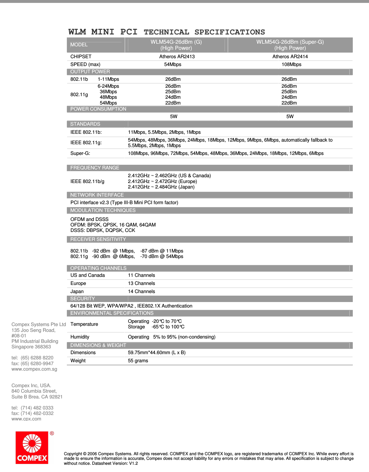   Copyright © 2006 Compex Systems. All rights reserved. COMPEX and the COMPEX logo, are registered trademarks of COMPEX Inc. While every effort is made to ensure the information is accurate, Compex does not accept liability for any errors or mistakes that may arise. All specification is subject to change without notice. Datasheet Version: V1.2  Compex Systems Pte Ltd  135 Joo Seng Road,  #08-01  PM Industrial Building Singapore 368363  tel:  (65) 6288 8220  fax: (65) 6280-9947 www.compex.com.sg   Compex Inc, USA.  840 Columbia Street,  Suite B Brea. CA 92821  tel:  (714) 482 0333  fax: (714) 482-0332 www.cpx.com  WLM MINI PCI TECHNICAL SPECIFICATIONS MODEL  WLM54G-26dBm (G) (High Power) WLM54G-26dBm (Super-G) (High Power) CHIPSET  Atheros AR2413 Atheros AR2414 SPEED (max)  54Mbps      108Mbps   OUTPUT POWER 802.11b 1-11Mbps    26dBm      26dBm   802.11g 6-24Mbps 36Mbps 48Mbps 54Mbps     26dBm 25dBm 24dBm 22dBm      26dBm 25dBm 24dBm 22dBm  POWER CONSUMPTION       5W      5W   STANDARDS   IEEE 802.11b:  11Mbps, 5.5Mbps, 2Mbps, 1Mbps IEEE 802.11g:  54Mbps, 48Mbps, 36Mbps, 24Mbps, 18Mbps, 12Mbps, 9Mbps, 6Mbps, automatically fallback to 5.5Mbps, 2Mbps, 1Mbps Super-G:  108Mbps, 96Mbps, 72Mbps, 54Mbps, 48Mbps, 36Mbps, 24Mbps, 18Mbps, 12Mbps, 6Mbps    FREQUENCY RANGE IEEE 802.11b/g 2.412GHz ~ 2.462GHz (US &amp; Canada) 2.412GHz ~ 2.472GHz (Europe) 2.412GHz ~ 2.484GHz (Japan) NETWORK INTERFACE PCI interface v2.3 (Type III-B Mini PCI form factor) MODULATION TECHNIQUES OFDM and DSSS OFDM: BPSK, QPSK, 16 QAM, 64QAM DSSS: DBPSK, DQPSK, CCK RECEIVER SENSITIVITY 802.11b   -92 dBm  @ 1Mbps,    -87 dBm @ 11Mbps 802.11g   -90 dBm  @ 6Mbps,    -70 dBm @ 54Mbps OPERATING CHANNELS US and Canada  11 Channels Europe 13 Channels Japan 14 Channels SECURITY   64/128 Bit WEP, WPA/WPA2 , IEE802.1X Authentication ENVIRONMENTAL SPECIFICATIONS Temperature  Operating  -20°C to 70°C Storage     -65°C to 100°C Humidity  Operating   5% to 95% (non-condensing) DIMENSIONS &amp; WEIGHT Dimensions   59.75mm*44.60mm (L x B) Weight  55 grams  