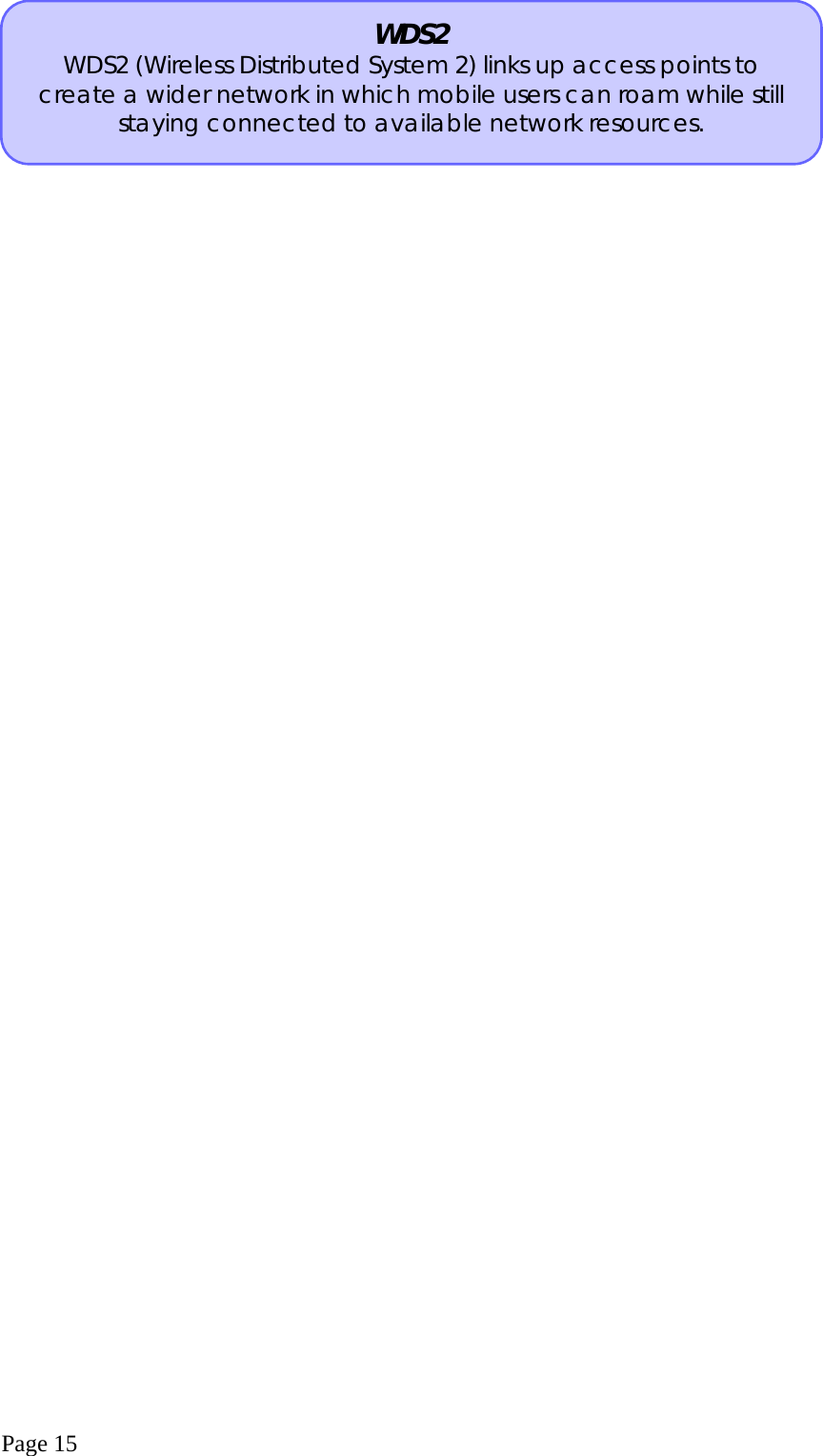  Page 15 WDS2 WDS2 (Wireless Distributed System 2) links up access points to create a wider network in which mobile users can roam while still staying connected to available network resources. 