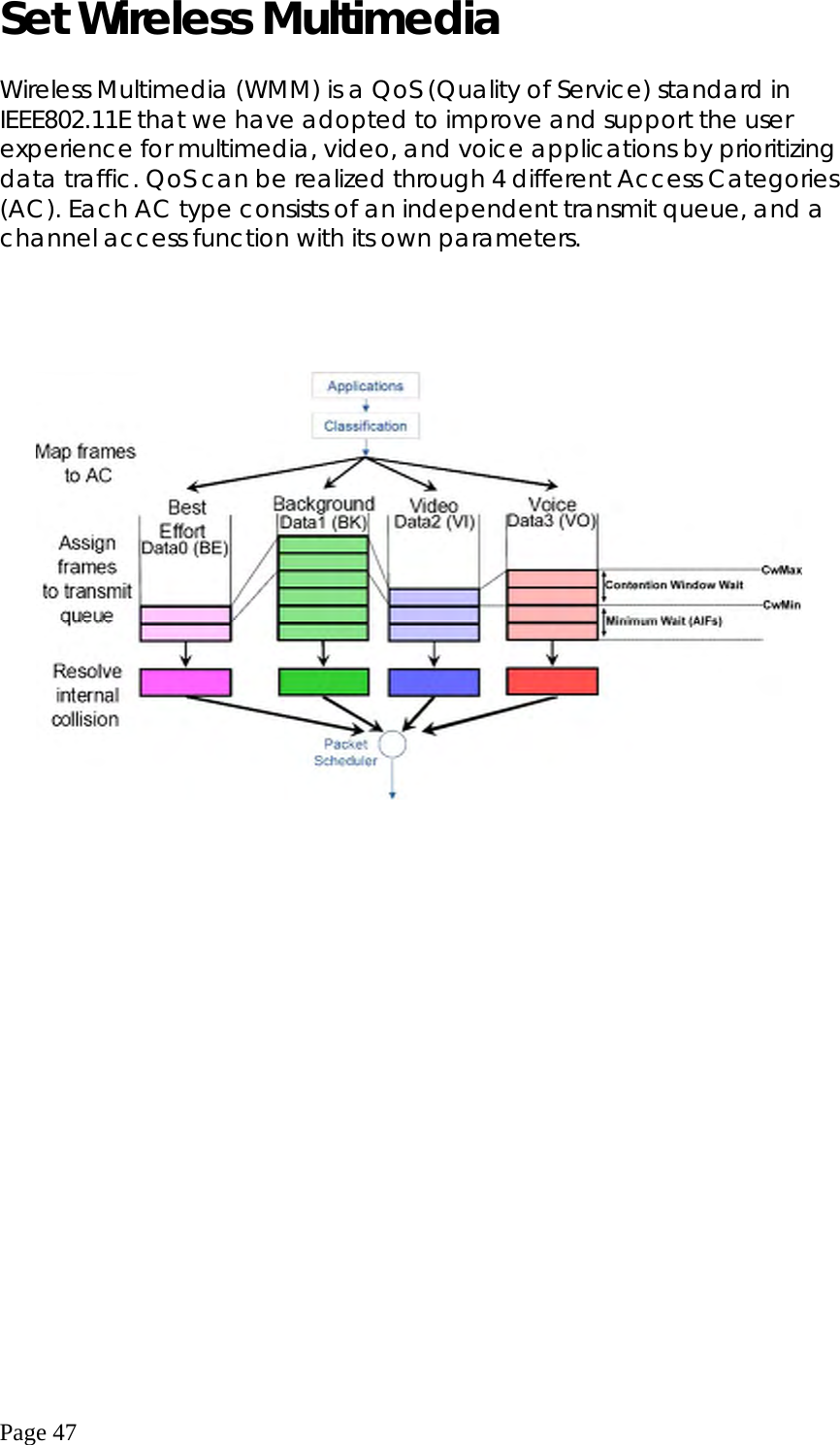  Page 47  Set Wireless Multimedia  Wireless Multimedia (WMM) is a QoS (Quality of Service) standard in IEEE802.11E that we have adopted to improve and support the user experience for multimedia, video, and voice applications by prioritizing data traffic. QoS can be realized through 4 different Access Categories (AC). Each AC type consists of an independent transmit queue, and a channel access function with its own parameters.     