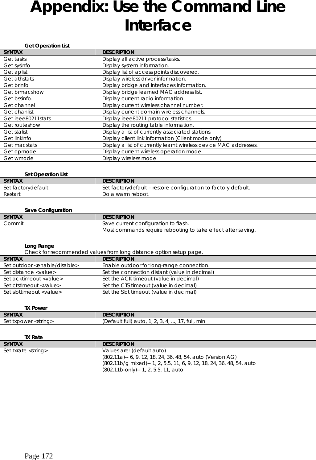  Page 172 Appendix: Use the Command Line Interface  Get Operation List SYNTAX  DESCRIPTION Get tasks  Display all active process/tasks. Get sysinfo  Display system information. Get aplist  Display list of access points discovered. Get athstats  Display wireless driver information. Get brinfo  Display bridge and interfaces information. Get brmacshow  Display bridge learned MAC address list. Get bssinfo.  Display current radio information. Get channel  Display current wireless channel number. Get chanlist  Display current domain wireless channels. Get ieee80211stats  Display ieee80211 protocol statistics. Get routeshow  Display the routing table information. Get stalist  Display a list of currently associated stations. Get linkinfo  Display client link information (Client mode only) Get macstats  Display a list of currently learnt wireless device MAC addresses. Get opmode  Display current wireless operation mode. Get wmode  Display wireless mode   Set Operation List SYNTAX  DESCRIPTION Set factorydefault  Set factorydefault – restore configuration to factory default. Restart   Do a warm reboot.   Save Configuration SYNTAX  DESCRIPTION Commit  Save current configuration to flash.  Most commands require rebooting to take effect after saving.  Long Range Check for recommended values from long distance option setup page. SYNTAX  DESCRIPTION Set outdoor &lt;enable/disable&gt;   Enable outdoor for long-range connection. Set distance &lt;value&gt;   Set the connection distant (value in decimal) Set acktimeout &lt;value&gt;          Set the ACK timeout (value in decimal) Set ctstimeout &lt;value&gt;  Set the CTS timeout (value in decimal)     Set slottimeout &lt;value&gt;  Set the Slot timeout (value in decimal)  TX Power SYNTAX  DESCRIPTION Set txpower &lt;string&gt;  (Default full) auto, 1, 2, 3, 4, ..., 17, full, min  TX Rate SYNTAX  DESCRIPTION Set txrate &lt;string&gt;  Values are: (default auto)  (802.11a)-- 6, 9, 12, 18, 24, 36, 48, 54, auto (Version AG) (802.11b/g mixed)-- 1, 2, 5,5, 11, 6, 9, 12, 18, 24, 36, 48, 54, auto (802.11b-only)-- 1, 2, 5.5, 11, auto 