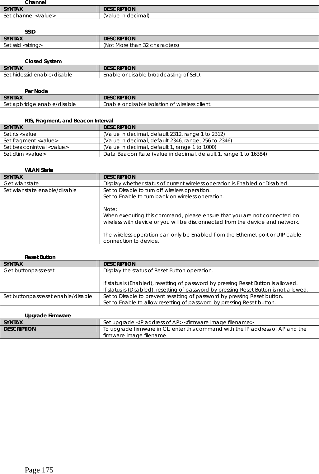  Page 175 Channel SYNTAX  DESCRIPTION Set channel &lt;value&gt;  (Value in decimal)   SSID SYNTAX  DESCRIPTION Set ssid &lt;string&gt;  (Not More than 32 characters)  Closed System SYNTAX  DESCRIPTION Set hidessid enable/disable  Enable or disable broadcasting of SSID.  Per Node SYNTAX  DESCRIPTION Set apbridge enable/disable  Enable or disable isolation of wireless client.  RTS, Fragment, and Beacon Interval SYNTAX  DESCRIPTION Set rts &lt;value  (Value in decimal, default 2312, range 1 to 2312) Set fragment &lt;value&gt;  (Value in decimal, default 2346, range, 256 to 2346) Set beaconintval &lt;value&gt;  (Value in decimal, default 1, range 1 to 1000) Set dtim &lt;value&gt;  Data Beacon Rate (value in decimal, default 1, range 1 to 16384)  WLAN State SYNTAX  DESCRIPTION Get wlanstate  Display whether status of current wireless operation is Enabled or Disabled. Set wlanstate enable/disable  Set to Disable to turn off wireless operation. Set to Enable to turn back on wireless operation.  Note:  When executing this command, please ensure that you are not connected on wireless with device or you will be disconnected from the device and network.  The wireless operation can only be Enabled from the Ethernet port or UTP cable connection to device.  Reset Button SYNTAX  DESCRIPTION Get buttonpassreset  Display the status of Reset Button operation.  If status is (Enabled), resetting of password by pressing Reset Button is allowed. If status is (Disabled), resetting of password by pressing Reset Button is not allowed. Set buttonpassreset enable/disable  Set to Disable to prevent resetting of password by pressing Reset button. Set to Enable to allow resetting of password by pressing Reset button.  Upgrade Firmware SYNTAX  Set upgrade &lt;IP address of AP&gt; &lt;firmware image filename&gt; DESCRIPTION  To upgrade firmware in CLI enter this command with the IP address of AP and the firmware image filename. 