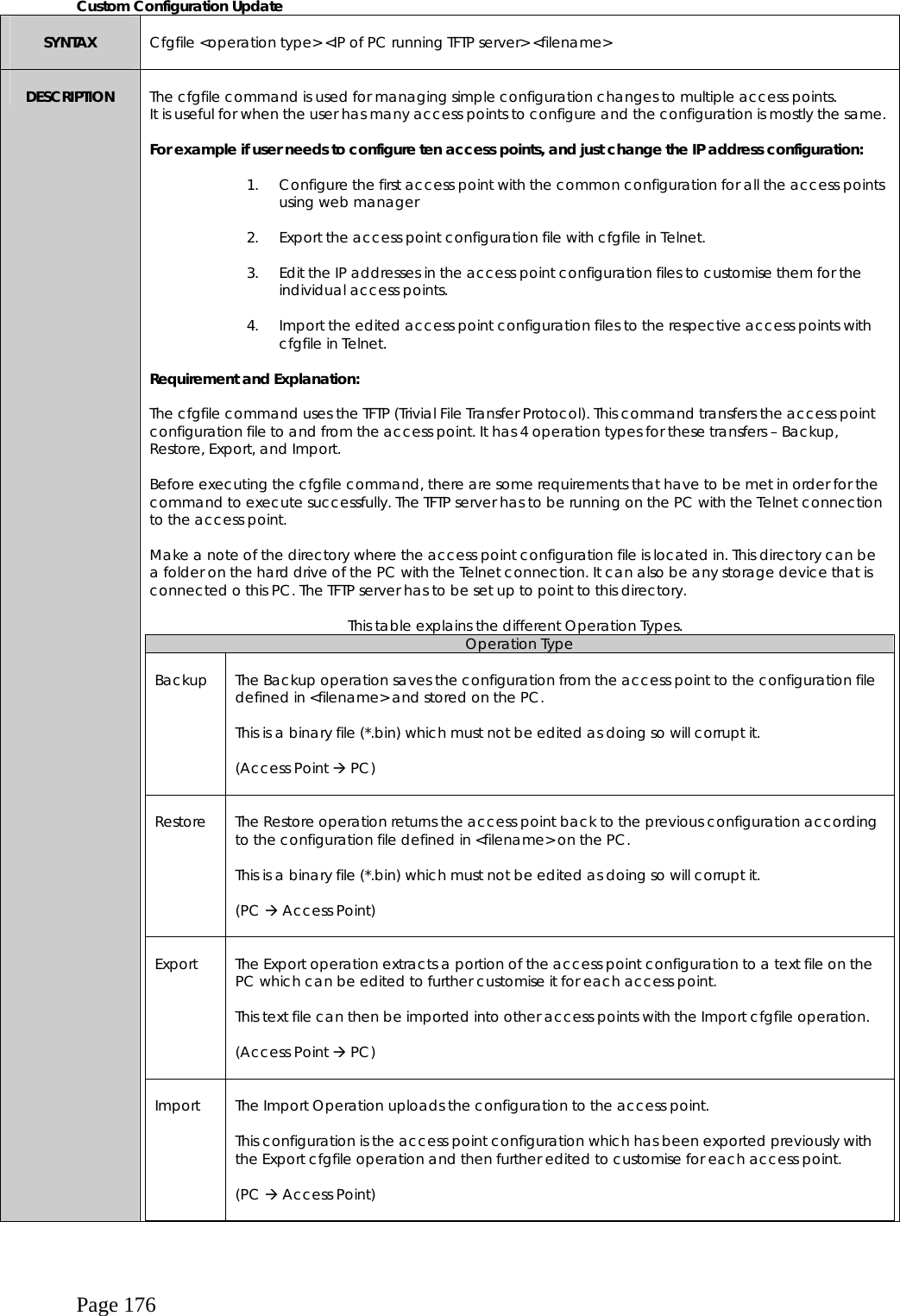  Page 176 Custom Configuration Update  SYNTAX   Cfgfile &lt;operation type&gt; &lt;IP of PC running TFTP server&gt; &lt;filename&gt;  DESCRIPTION   The cfgfile command is used for managing simple configuration changes to multiple access points. It is useful for when the user has many access points to configure and the configuration is mostly the same.   For example if user needs to configure ten access points, and just change the IP address configuration:  1.  Configure the first access point with the common configuration for all the access points using web manager   2.  Export the access point configuration file with cfgfile in Telnet.  3.  Edit the IP addresses in the access point configuration files to customise them for the individual access points.  4.  Import the edited access point configuration files to the respective access points with cfgfile in Telnet.  Requirement and Explanation:   The cfgfile command uses the TFTP (Trivial File Transfer Protocol). This command transfers the access point configuration file to and from the access point. It has 4 operation types for these transfers – Backup, Restore, Export, and Import.  Before executing the cfgfile command, there are some requirements that have to be met in order for the command to execute successfully. The TFTP server has to be running on the PC with the Telnet connection to the access point.  Make a note of the directory where the access point configuration file is located in. This directory can be a folder on the hard drive of the PC with the Telnet connection. It can also be any storage device that is connected o this PC. The TFTP server has to be set up to point to this directory.  This table explains the different Operation Types. Operation Type  Backup   The Backup operation saves the configuration from the access point to the configuration file defined in &lt;filename&gt; and stored on the PC.   This is a binary file (*.bin) which must not be edited as doing so will corrupt it.  (Access Point  PC)   Restore   The Restore operation returns the access point back to the previous configuration according to the configuration file defined in &lt;filename&gt; on the PC.  This is a binary file (*.bin) which must not be edited as doing so will corrupt it.  (PC  Access Point)   Export   The Export operation extracts a portion of the access point configuration to a text file on the PC which can be edited to further customise it for each access point.   This text file can then be imported into other access points with the Import cfgfile operation.  (Access Point  PC)   Import   The Import Operation uploads the configuration to the access point.  This configuration is the access point configuration which has been exported previously with the Export cfgfile operation and then further edited to customise for each access point.  (PC  Access Point)    