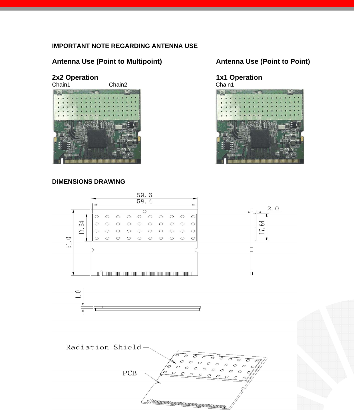    IMPORTANT NOTE REGARDING ANTENNA USE  Antenna Use (Point to Multipoint)                            Antenna Use (Point to Point)  2x2 Operation                                                             1x1 Operation Chain1                        Chain2                                                       Chain1                                                       DIMENSIONS DRAWING     