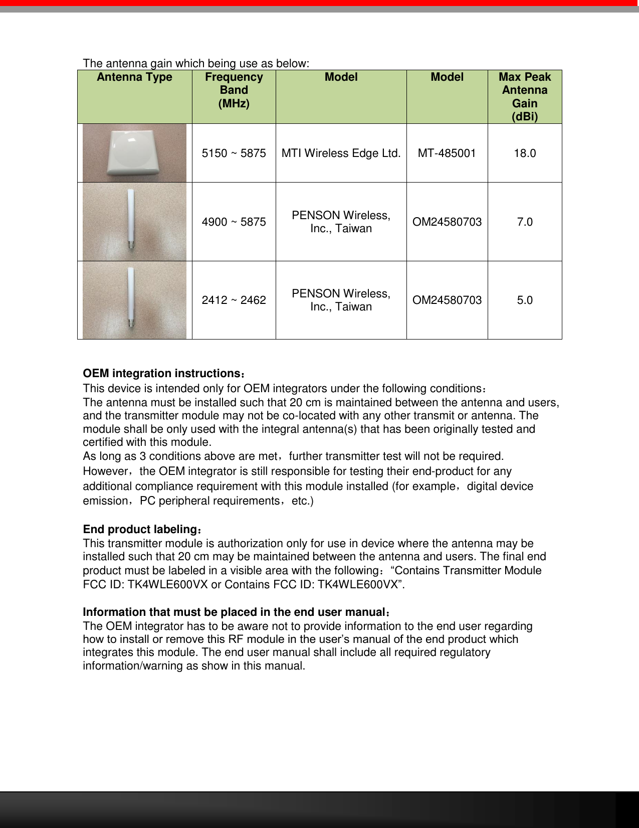   The antenna gain which being use as below: Antenna Type Frequency Band (MHz) Model Model Max Peak Antenna Gain  (dBi)  5150 ~ 5875 MTI Wireless Edge Ltd. MT-485001 18.0  4900 ~ 5875 PENSON Wireless, Inc., Taiwan OM24580703 7.0  2412 ~ 2462 PENSON Wireless, Inc., Taiwan OM24580703 5.0   OEM integration instructions：  This device is intended only for OEM integrators under the following conditions：  The antenna must be installed such that 20 cm is maintained between the antenna and users, and the transmitter module may not be co-located with any other transmit or antenna. The module shall be only used with the integral antenna(s) that has been originally tested and certified with this module.    As long as 3 conditions above are met，further transmitter test will not be required.    However，the OEM integrator is still responsible for testing their end-product for any additional compliance requirement with this module installed (for example，digital device emission，PC peripheral requirements，etc.)  End product labeling：  This transmitter module is authorization only for use in device where the antenna may be installed such that 20 cm may be maintained between the antenna and users. The final end product must be labeled in a visible area with the following：“Contains Transmitter Module FCC ID: TK4WLE600VX or Contains FCC ID: TK4WLE600VX”.   Information that must be placed in the end user manual：  The OEM integrator has to be aware not to provide information to the end user regarding how to install or remove this RF module in the user’s manual of the end product which integrates this module. The end user manual shall include all required regulatory information/warning as show in this manual.     