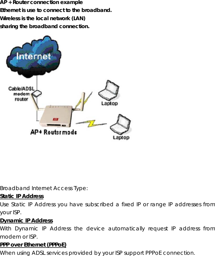 AP + Router connection example Ethernet is use to connect to the broadband. Wireless is the local network (LAN) sharing the broadband connection.        Broadband Internet Access Type: Static IP Address Use Static IP Address you have subscribed a fixed IP or range IP addresses from your ISP. Dynamic IP Address With Dynamic IP Address the device automatically request IP address from modem or ISP.   PPP over Ethernet (PPPoE) When using ADSL services provided by your ISP support PPPoE connection.       