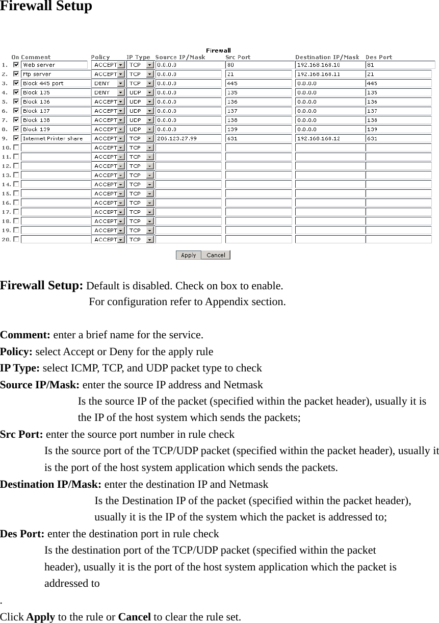 Firewall Setup  Firewall Setup: Default is disabled. Check on box to enable.     For configuration refer to Appendix section.  Comment: enter a brief name for the service.   Policy: select Accept or Deny for the apply rule IP Type: select ICMP, TCP, and UDP packet type to check Source IP/Mask: enter the source IP address and Netmask             Is the source IP of the packet (specified within the packet header), usually it is           the IP of the host system which sends the packets; Src Port: enter the source port number in rule check     Is the source port of the TCP/UDP packet (specified within the packet header), usually it     is the port of the host system application which sends the packets.   Destination IP/Mask: enter the destination IP and Netmask           Is the Destination IP of the packet (specified within the packet header),                                     usually it is the IP of the system which the packet is addressed to;   Des Port: enter the destination port in rule check     Is the destination port of the TCP/UDP packet (specified within the packet                 header), usually it is the port of the host system application which the packet is   addressed to . Click Apply to the rule or Cancel to clear the rule set.       