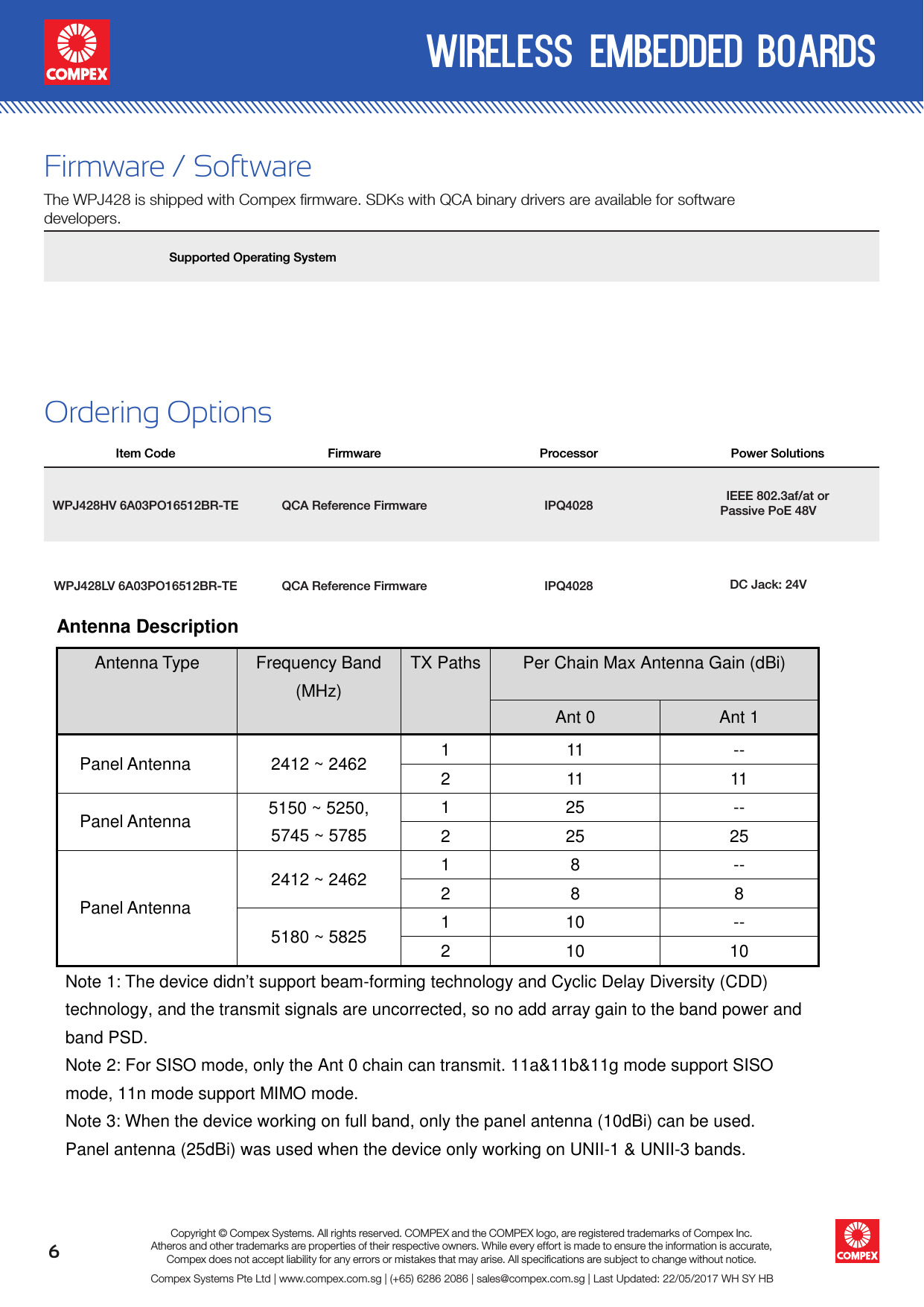 6wireless embedded boardsCompex Systems Pte Ltd | www.compex.com.sg | (+65) 6286 2086 | sales@compex.com.sg | Last Updated: 22/05/2017 WH SY HBCopyright © Compex Systems. All rights reserved. COMPEX and the COMPEX logo, are registered trademarks of Compex Inc.Atheros and other trademarks are properties of their respective owners. While every effort is made to ensure the information is accurate, Compex does not accept liability for any errors or mistakes that may arise. All speciﬁcations are subject to change without notice.Ordering OptionsItem Code Firmware Processor Power SolutionsWPJ428HV 6A03PO16512BR-TE QCA Reference Firmware IPQ4028 IEEE 802.3af/at or Passive PoE 48V  WPJ428LV 6A03PO16512BR-TE QCA Reference Firmware IPQ4028   DC Jack: 24VFirmware / SoftwareThe WPJ428 is shipped with Compex firmware. SDKs with QCA binary drivers are available for software developers. Supported Operating SystemAntenna DescriptionAntenna Type Frequency Band(MHz)TX Paths Per Chain Max Antenna Gain (dBi)Ant 0 Ant 1Panel Antenna 2412 ~ 2462 111 --211 11Panel Antenna 5150 ~ 5250,5745 ~ 5785125 --225 25Panel Antenna2412 ~ 2462 1 8 --2 8 85180 ~ 5825 110 --210 10Note 1: The device didn’t support beam-forming technology and Cyclic Delay Diversity (CDD) technology, and the transmit signals are uncorrected, so no add array gain to the band power and band PSD.Note 2: For SISO mode, only the Ant 0 chain can transmit. 11a&amp;11b&amp;11g mode support SISO mode, 11n mode support MIMO mode.Note 3: When the device working on full band, only the panel antenna (10dBi) can be used. Panel antenna (25dBi) was used when the device only working on UNII-1 &amp; UNII-3 bands.