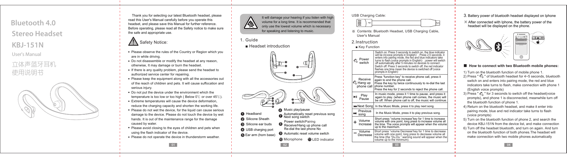 User's ManualKBJ-151NStereo Headset立体声蓝牙耳机使用说明书Bluetooth 4.0USB charging portSwitch on: Press 3 seconds to switch on, the blue indicatorwill be in(voice prompts in English）. Press 2.5 seconds, itenters into pairing mode, the red and blue indicators take turns to flash.(voice prompts in English）; power will switch off automatically after 5 minutes no devices to connect .In music mode, press it 1 time to pause, and press it again to play. (when phone call comes, the music will be off. When phone call is off, the music will continue.Short press &ldquo;volume increase&rdquo;key for 1 time to increase volume with one point, long press to increase volume all the time. The voice prompts will appear when the volume up to the maximum.Short press &ldquo;volume Decrease&rdquo;key for 1 time to decrease volume with one point, long press to decrease volume all the time (the &ldquo;Du,Du &rdquo; warning sound will appear when the volume up to the minimum). 10:30 90%KBJ-151N蓝牙现为可被发现状态设备已连接ON/OFF蓝牙通用0201 03 04    Thank you for selecting our latest Bluetooth headset, please read this User's Manual carefully before you operate this headset, and please save this Manual for further reference.Before operating, please read all the Safety notice to make sure the safe and appropriate use.Safety Notice:  Please observe the rules of the Country or Region which you   are in while driving.  Do not disassemble or modify the headset at any reason,   otherwise, It may damage or burn the headset.  If there is any quality problem, please send the headset to   authorized service center for repairing.  Please keep the equipment along with all the accessories out   of the reach of children and pets. It will cause suffocation and   serious injury.  Do not put the device under the environment which the   temperature is too low or too high ( Below 0℃ or over 45℃).  Extreme temperatures will cause the device deformation,  reduce the charging capacity and shorten the working life.  Please do not wet the device, for the liquid can cause serious   damage to the device. Please do not touch the device by wet   hands. It is out of the maintenance range for the damage   caused by water.  Please avoid closing to the eyes of children and pets when   using the flash indicator of the device.  Please do not operate the device in thunderstorm weather. It will damage your hearing if you listen with high volume for a long time. It is recommended that only use the lowest volume which is necessary for speaking and listening to music.  1. Guide■ Headset introduction※ Contents: Bluetooth Headset, USB Charging Cable,      User's ManualUSB Charging Cable:2.Instruction■ Key FunctionPowerswitchPrevious songNext SongVolume IncreaseVolume DecreasePlayPause■ How to connect with two Bluetooth mobile phones:3. Battery power of bluetooth headset displayed on Iphone※ After connected with Iphone, the battery power of the     headset will be displayed on the phone.Press &ldquo;function key&rdquo; to receive phone call, press it again to end the phone call.Press the key by twice continuously to re-dial the last phone number.Press the key for 2 seconds to reject the phone call.In the Music Mode, press it to play previous song.In the Music Mode, press it to play next song.90%HeadbandSilicone SheathSilicone ear budsEar arm (horn base)LED indicatorMicrophoneAutomatic reset volume switchAutomatically reset previous songNext song switchMusic play/pause810 1196101187932451Power switch/PairingReceive/Hang up phone callRe-dial the last phone NoReceiveHang up phone callSwitch off: Press 3 seconds to switch off, the red indicator flashes one time mean the device is switched off (voice prompts in English）1) Turn on the bluetooth function of mobile phone 1.2) Press "      " of bluetooth headset for 4~5 seconds, bluetooth     switch on and enters into pairing mode, the red and blue     indicators take turns to flash, make connection with phone 1     (English voice prompts)  3) Press "      " for 3 seconds to switch off the headset(voice     prompts), and phone 1 is disconnected, meanwhile turn off     the bluetooth function of phone 1.4) Return on the bluetooth headset, and make it enter into     pairing mode, blue and red indicator take turns to flash     (voice prompts)5) Turn on the bluetooth function of phone 2, and search the     device KBJ-151N from the device list, and make connection6) Turn off the headset bluetooth, and turn on again. And turn    on the bluetooth function of both phones.The headset will     make connection with two mobile phones automatically