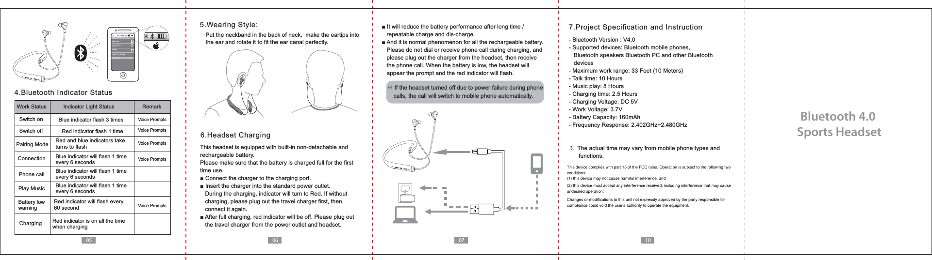 Bluetooth 4.0 Sports Headset0605 07 10- Bluetooth Version : V4.0- Supported devices: Bluetooth mobile phones,    Bluetooth speakers Bluetooth PC and other Bluetooth    devices- Talk time: 10 Hours- Music play: 8 Hours- Charging time: 2.5 Hours- Charging Voltage: DC 5V- Battery Capacity: 160mAh※  The actual time may vary from mobile phone types and      functions.4.Bluetooth Indicator StatusRed indicator is on all the time when chargingChargingWork Status  Indicator Light Status RemarkSwitch on Blue indicator flash 3 timesSwitch off Red indicator flash 1 timeConnectionPhone callPlay MusicBattery lowwarningPairing Mode Red and blue indicators take turns to flash Voice PromptsVoice PromptsVoice PromptsVoice PromptsVoice Prompts6.Headset ChargingThis headset is equipped with built-in non-detachable and rechargeable battery.Please make sure that the battery is charged full for the first time use.   During the charging, indicator will turn to Red. If without    charging, please plug out the travel charger first, then    connect it again.    the travel charger from the power outlet and headset.Red indicator will flash every 60 secondBlue indicator will flash 1 time every 6 secondsBlue indicator will flash 1 time every 6 secondsBlue indicator will flash 1 time every 6 seconds5.Wearing Style:Put the neckband in the back of neck,  make the eartips into the ear and rotate it to fit the ear canal perfectly.   repeatable charge and dis-charge.   Please do not dial or receive phone call during charging, and    please plug out the charger from the headset, then receive    the phone call. When the battery is low, the headset will    appear the prompt and the red indicator will flash.10:30KBJ-157N※ If the headset turned off due to power failure during phone    calls, the call will switch to mobile phone automatically.This device complies with part 15 of the FCC rules. Operation is subject to the following twoconditions:(1) this device may not cause harmful interference, and(2) this device must accept any interference received, including interference that may causeundesired operation.Changes or modifications to this unit not expressly approved by the party responsible forcompliance could void the user's authority to operate the equipment.