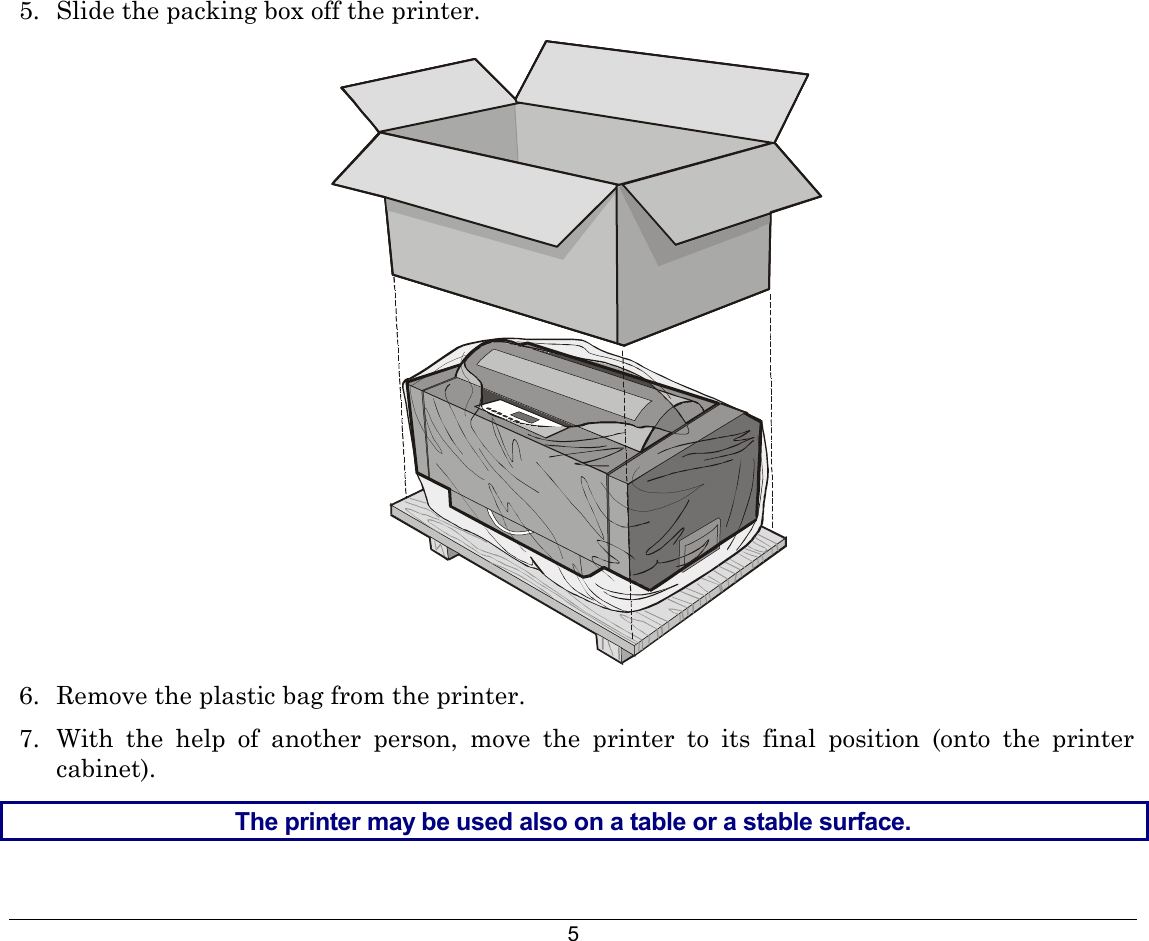 5 5.  Slide the packing box off the printer.  6.  Remove the plastic bag from the printer. 7.  With the help of another person, move the printer to its final position (onto the printer cabinet). The printer may be used also on a table or a stable surface.   
