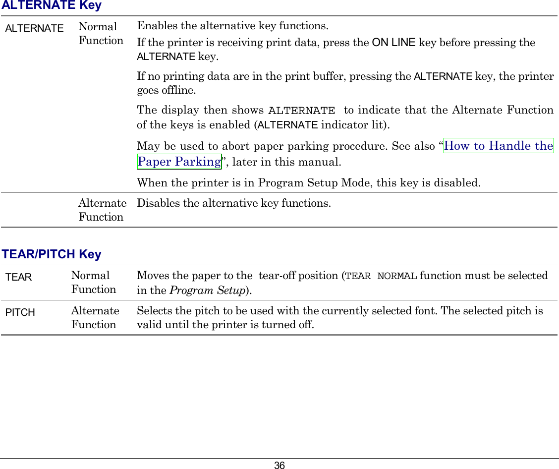 36 ALTERNATE Key ALTERNATE  Normal  Function Enables the alternative key functions. If the printer is receiving print data, press the ON LINE key before pressing the ALTERNATE key. If no printing data are in the print buffer, pressing the ALTERNATE key, the printer goes offline. The display then shows ALTERNATE to indicate that the Alternate Function of the keys is enabled (ALTERNATE indicator lit). May be used to abort paper parking procedure. See also “How to Handle the Paper Parking”, later in this manual. When the printer is in Program Setup Mode, this key is disabled.  Alternate Function Disables the alternative key functions. TEAR/PITCH Key TEAR  Normal  Function Moves the paper to the  tear-off position (TEAR NORMAL function must be selected in the Program Setup). PITCH  Alternate Function Selects the pitch to be used with the currently selected font. The selected pitch is valid until the printer is turned off.  