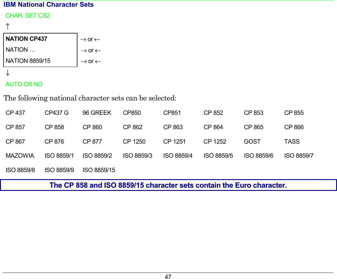 47 IBM National Character Sets CHAR. SET CS2    ↑     NATION CP437  → or ← NATION …   → or ← NATION 8859/15   → or ← ↓   AUTO CR NO    The following national character sets can be selected: CP 437 CP437 G  96 GREEK  CP850  CP851   CP 852  CP 853  CP 855 CP 857  CP 858  CP 860   CP 862  CP 863  CP 864  CP 865  CP 866 CP 867  CP 876  CP 877  CP 1250  CP 1251  CP 1252  GOST  TASS MAZOWIA  ISO 8859/1  ISO 8859/2  ISO 8859/3  ISO 8859/4  ISO 8859/5  ISO 8859/6  ISO 8859/7 ISO 8859/8 ISO 8859/9 ISO 8859/15      TThhee  CCPP  885588  aanndd  IISSOO  88885599//1155  cchhaarraacctteerr  sseettss  ccoonnttaaiinn  tthhee  EEuurroo  cchhaarraacctteerr..        