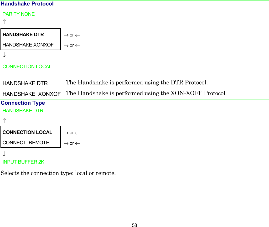 58 Handshake Protocol  PARITY NONE    ↑     HANDSHAKE DTR  → or ← HANDSHAKE XONXOF   → or ← ↓   CONNECTION LOCAL     HANDSHAKE DTR  The Handshake is performed using the DTR Protocol.  HANDSHAKE  XONXOF  The Handshake is performed using the XON-XOFF Protocol. Connection Type HANDSHAKE DTR    ↑     CONNECTION LOCAL  → or ← CONNECT. REMOTE   → or ← ↓   INPUT BUFFER 2K    Selects the connection type: local or remote. 