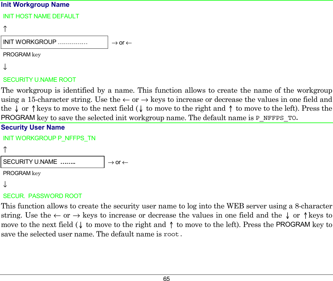 65 Init Workgroup Name INIT HOST NAME DEFAULT   ↑     INIT WORKGROUP ……………  → or ← PROGRAM key  ↓   SECURITY U.NAME ROOT    The workgroup is identified by a name. This function allows to create the name of the workgroup using a 15-character string. Use the ← or → keys to increase or decrease the values in one field and the ↓ or ↑keys to move to the next field (↓ to move to the right and ↑ to move to the left). Press the PROGRAM key to save the selected init workgroup name. The default name is P_NFFPS_TO.    Security User Name INIT WORKGROUP P_NFFPS_TN   ↑     SECURITY U.NAME  ……..   → or ← PROGRAM key  ↓   SECUR.  PASSWORD ROOT    This function allows to create the security user name to log into the WEB server using a 8-character string. Use the ← or → keys to increase or decrease the values in one field and the ↓ or ↑keys to move to the next field (↓ to move to the right and ↑ to move to the left). Press the PROGRAM key to save the selected user name. The default name is root.    